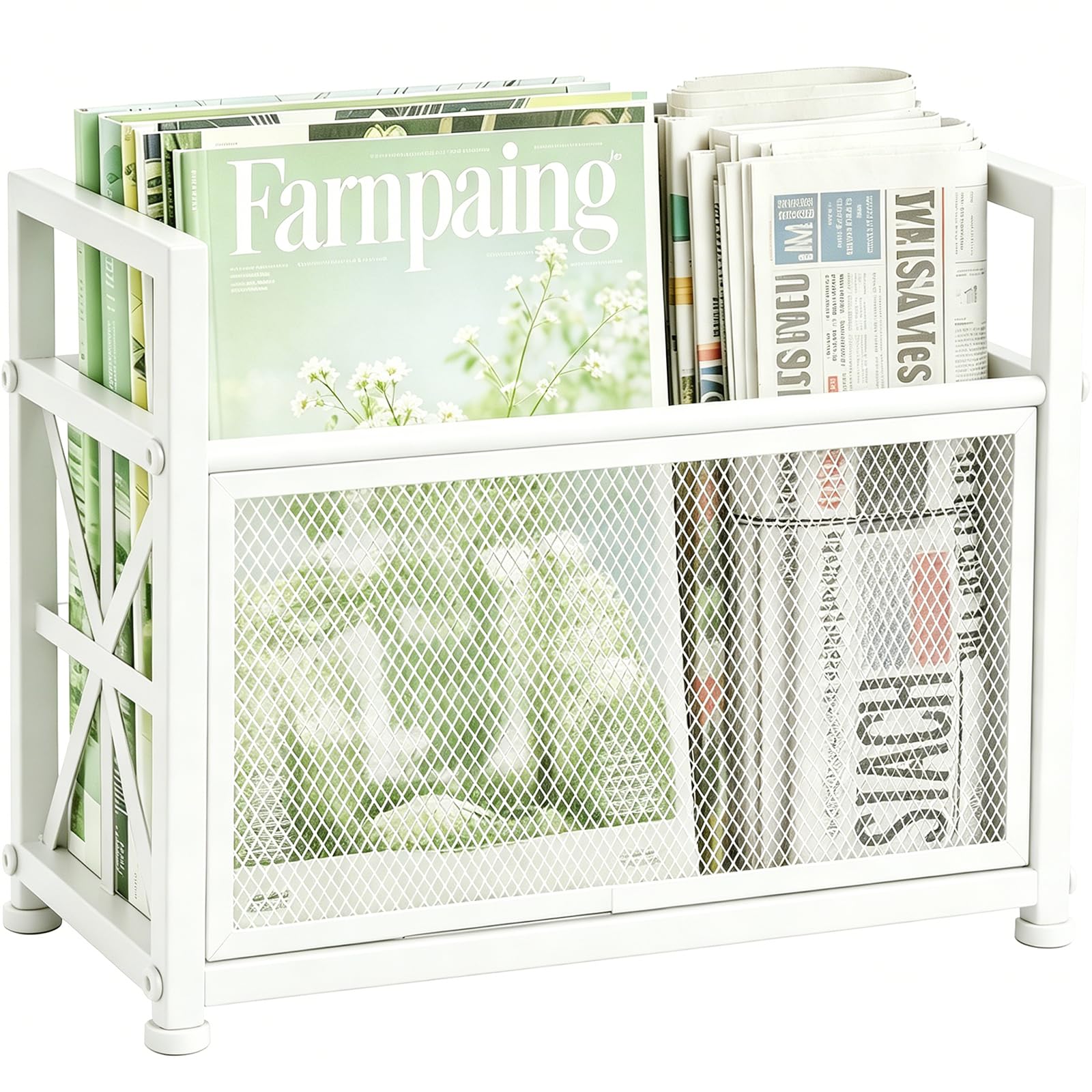 Grande portariviste da pavimento, in metallo, porta riviste da pavimento, in rete bianca, cestino portaoggetti per riviste, libri, giornali, tablet