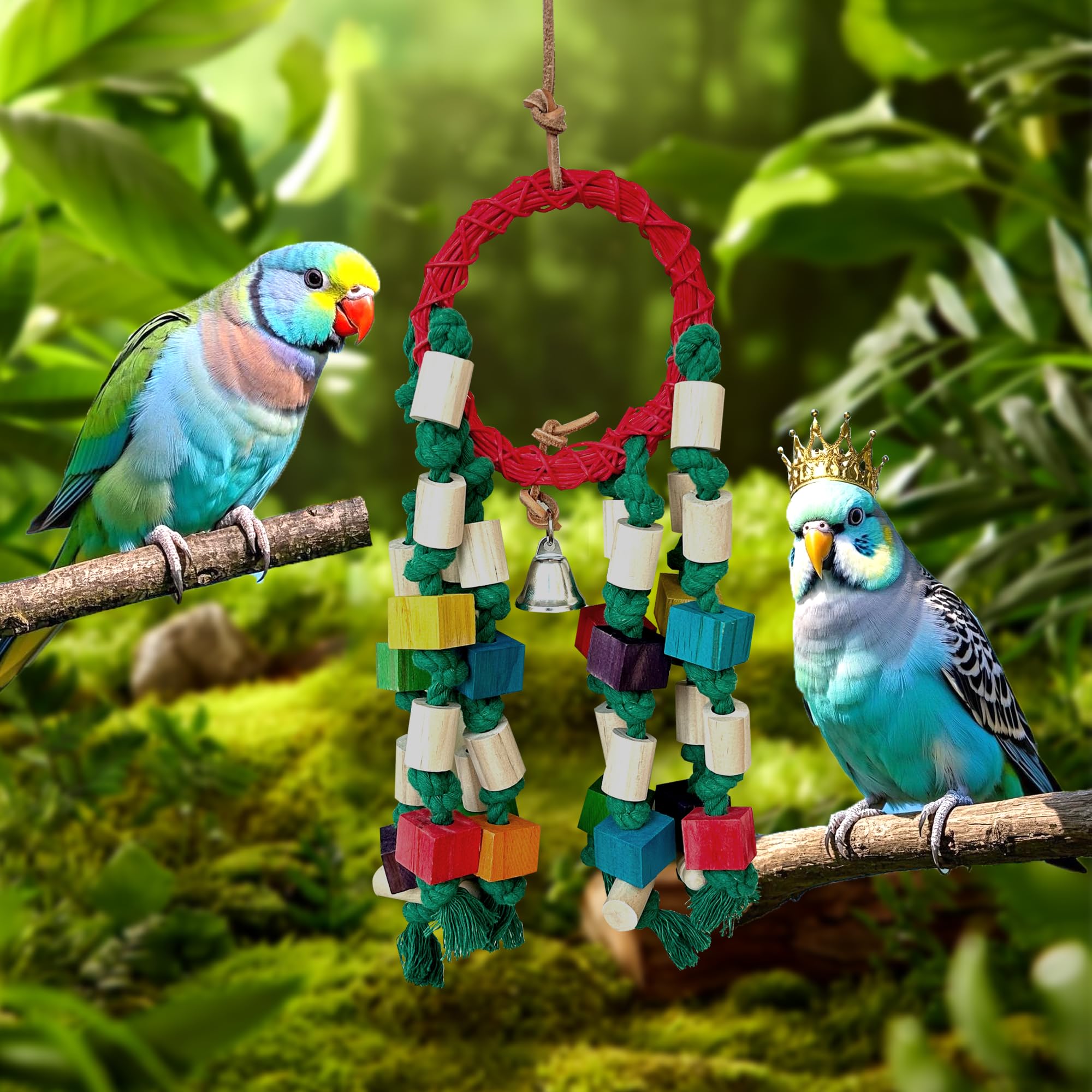LUCKITTY 18in Natural Parrot Toys for Small & Medium Birds- Chew Toys with Rattan Ring, Cotton Rope & Wood Blocks, Colorful Eco Cage Accessories for Budgies, Cockatiels, Lovebirds, Conures - image 3
