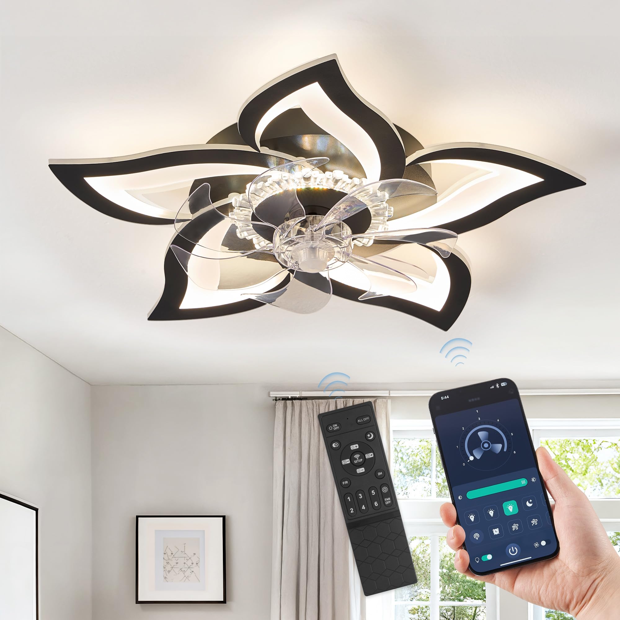 Flower Ceiling Fans with Lights, Small 27 Inch Modern Low Profile Ceiling Fan, Dimmable LED Ceiling Light Fixture, Flush Mount Ceiling Fans with Remote for Bedroom, Kitchen, Indoor-Black