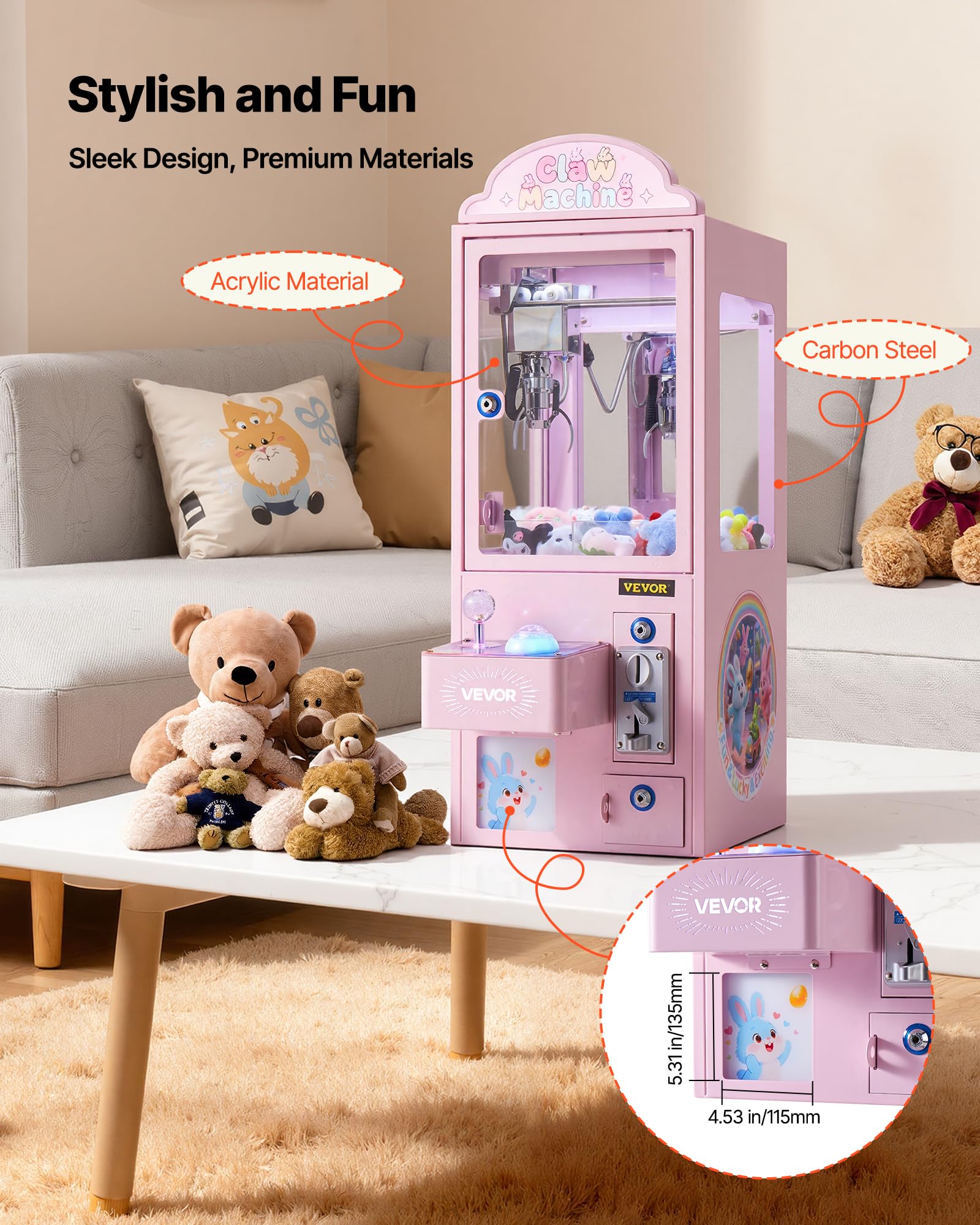 VEVOR Greifautomat, Greifer, mittelgroßer Spielautomat mit Licht & Ton, Präzisionsstahlklaue mit verstellbarem Griff für Plüschtiere, Verkaufsspielzeug, für kommerzielle Heimpartys & Kinos, Pink