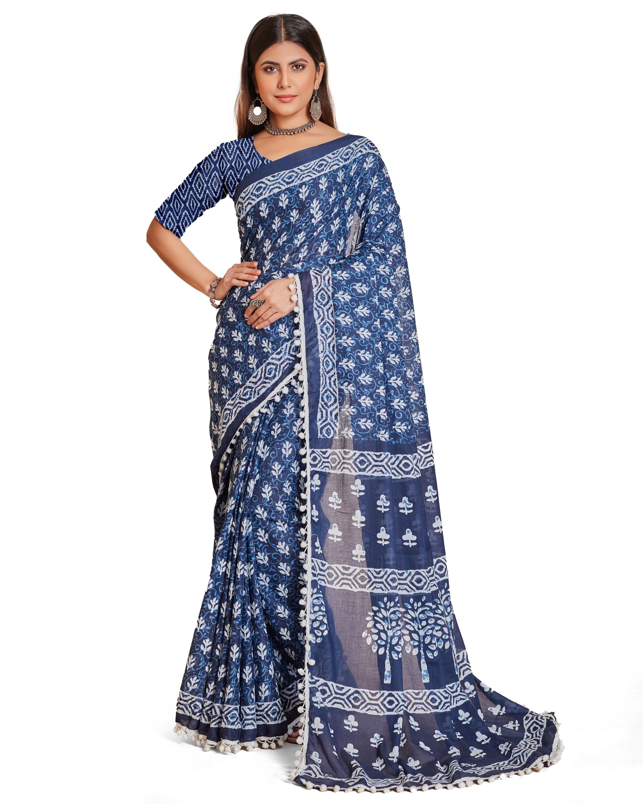 Jaanvi fashionHandicrafts Women's Ikat Hand Block Print Cotton Mulmul Saree with Unstitched Blouse Piece