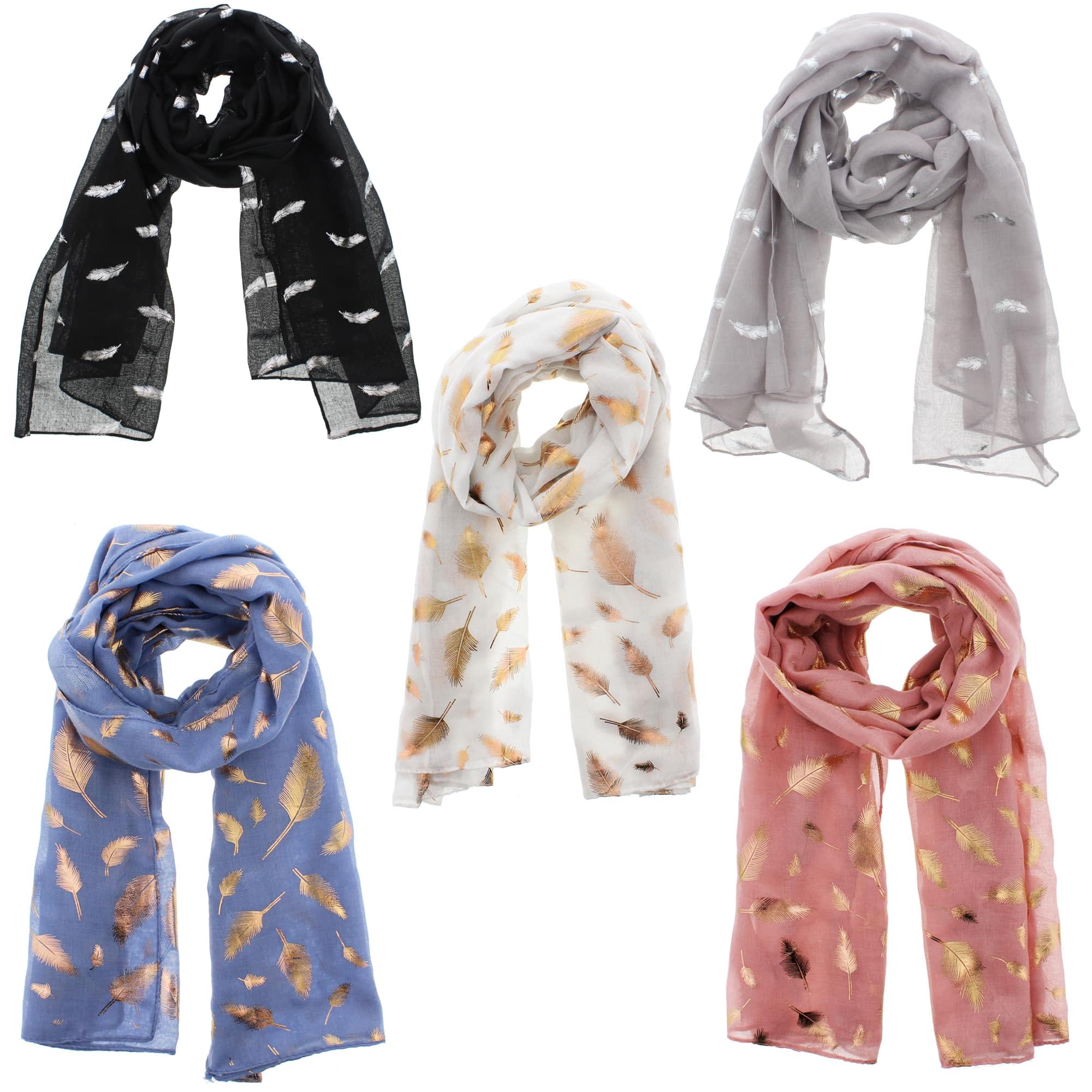 Zac's Alter Ego Women's Multicoloured Set Of 5 Lightweight Assorted Colour Gold Foil Feathers Print Scarves
