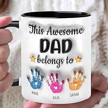 D-Story Dad Mug with Kids Names, Papa 3D Inflated Effect Coffee Cup, Fathers Day Mug, Personalized Gifts Coffee Mugs for Dad
