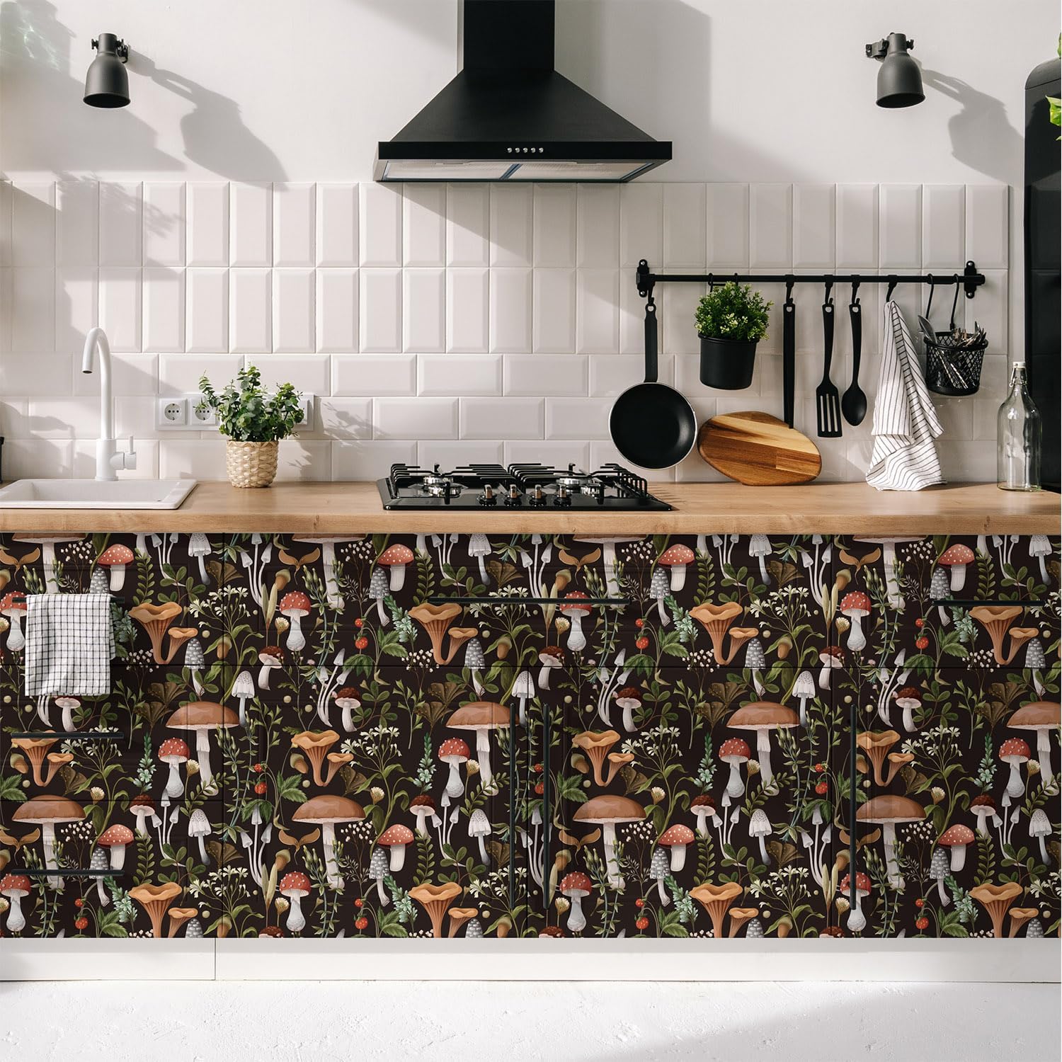 Mushroom Peel and Stick Wallpaper Textured Boho Contact Paper Vintage Removable Forest Stick on Wallpaper Self Adhesive for Bedroom Bathroom, Black Green Brown White, 17.3 x 472inch