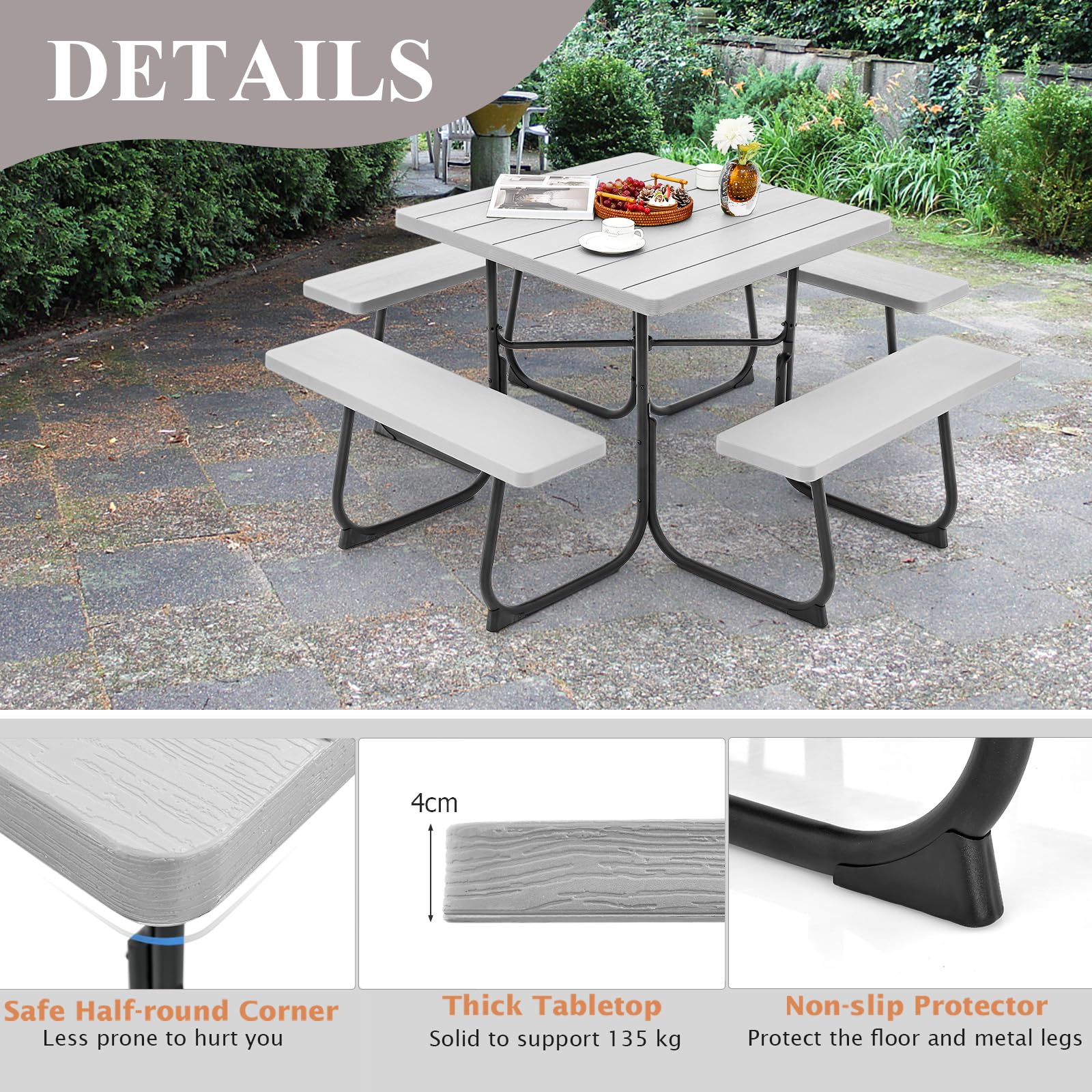 KOMFOTTEU Bierzeltgarnitur für 8 Personen, Quadratisches Picknicktisch Set mit Schirmloch & 4 Bänken, Gartenmöbel Set aus HDPE & Metall, Gartengarnitur Sitzgarnitur für Terrasse (Grau)