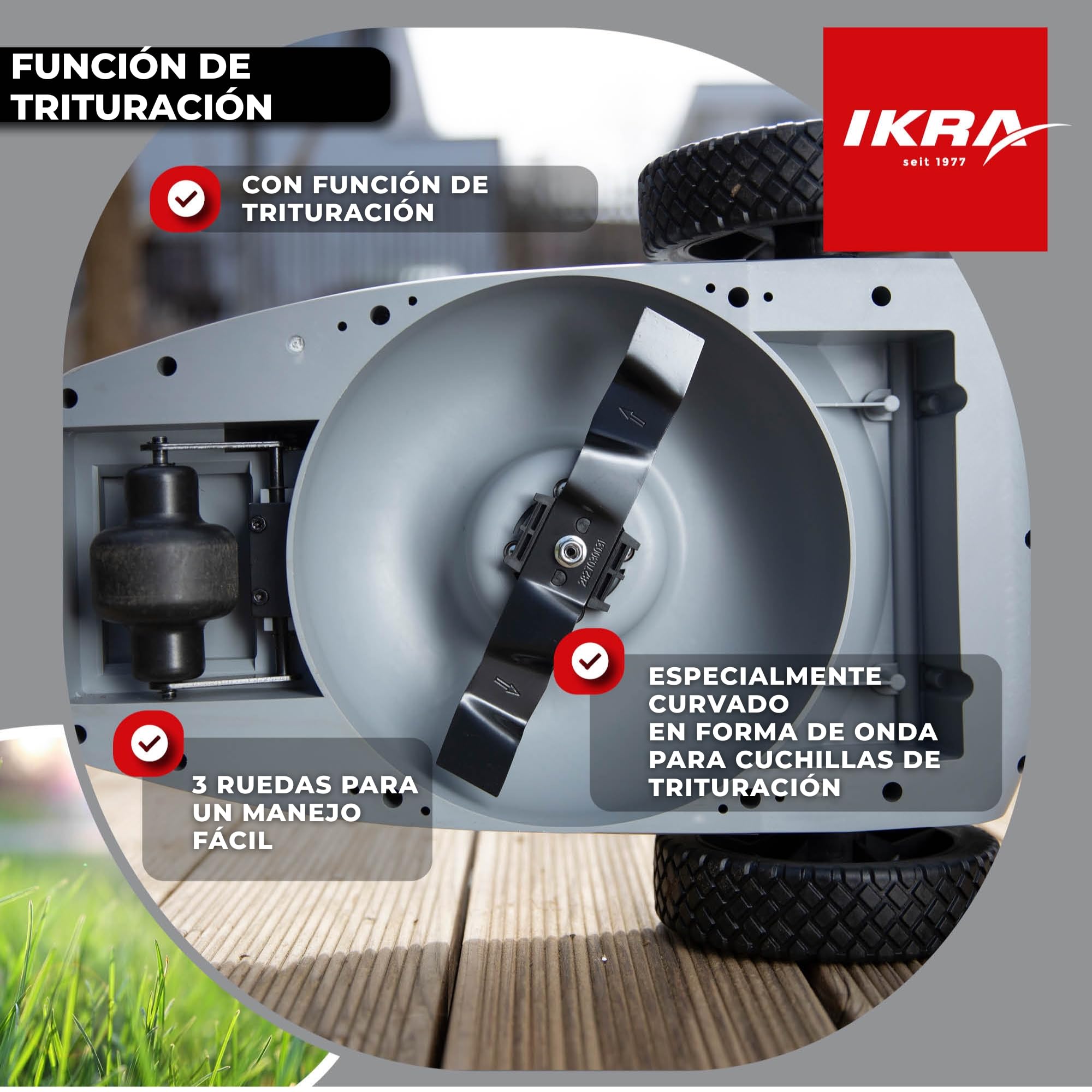 IKRA cortacésped ICHM 20, con cuchilla de repuesto, 2 baterías y cargador | Con función de mulching, recomendado para 50 m², ancho de corte de 21cm, altura de corte de 25-48mm, gama de 20V de IKRA