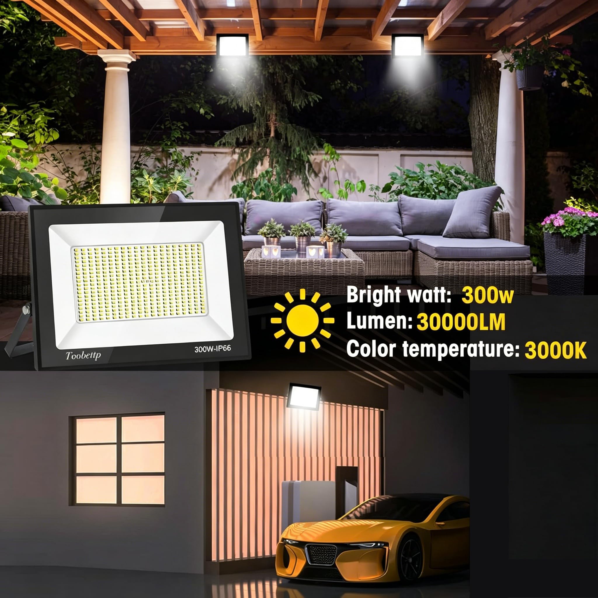 Reflektor zewnętrzny LED 300 W, super jasny, 30000 lm, 3500 K, ciepła biel, IP66, wodoodporna, oświetlenie zewnętrzne, do garażu, korytarza, ogrodu, hotelu