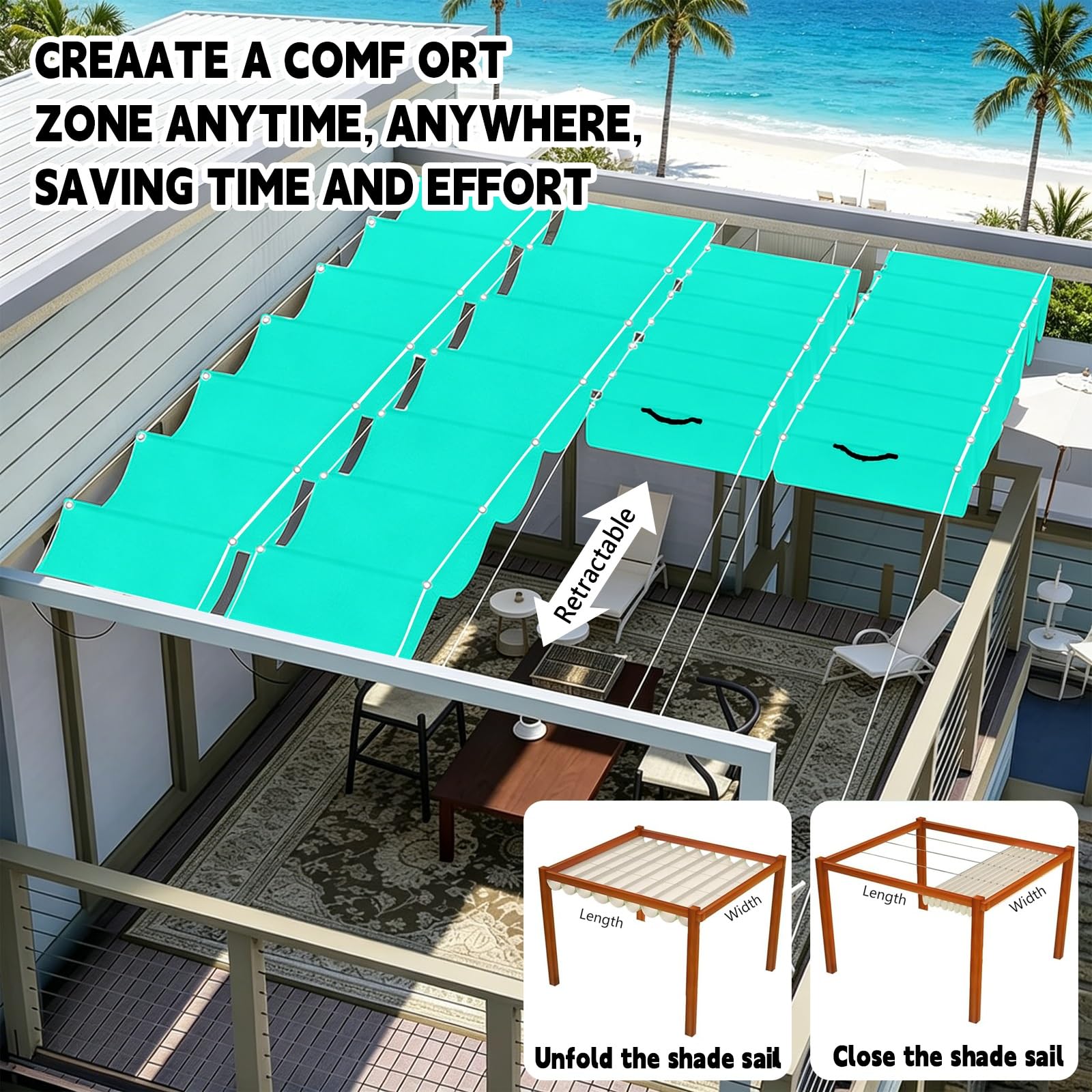 Toldo Retráctil Ondulado 1.2 x 8 m con Ojales y Cuerda, Vela Sombra Impermeable y Rectangular con Bloqueo UV y Resistencia a Desgarros para Jardín Porche Patio Barbacoa, Azul Cielo