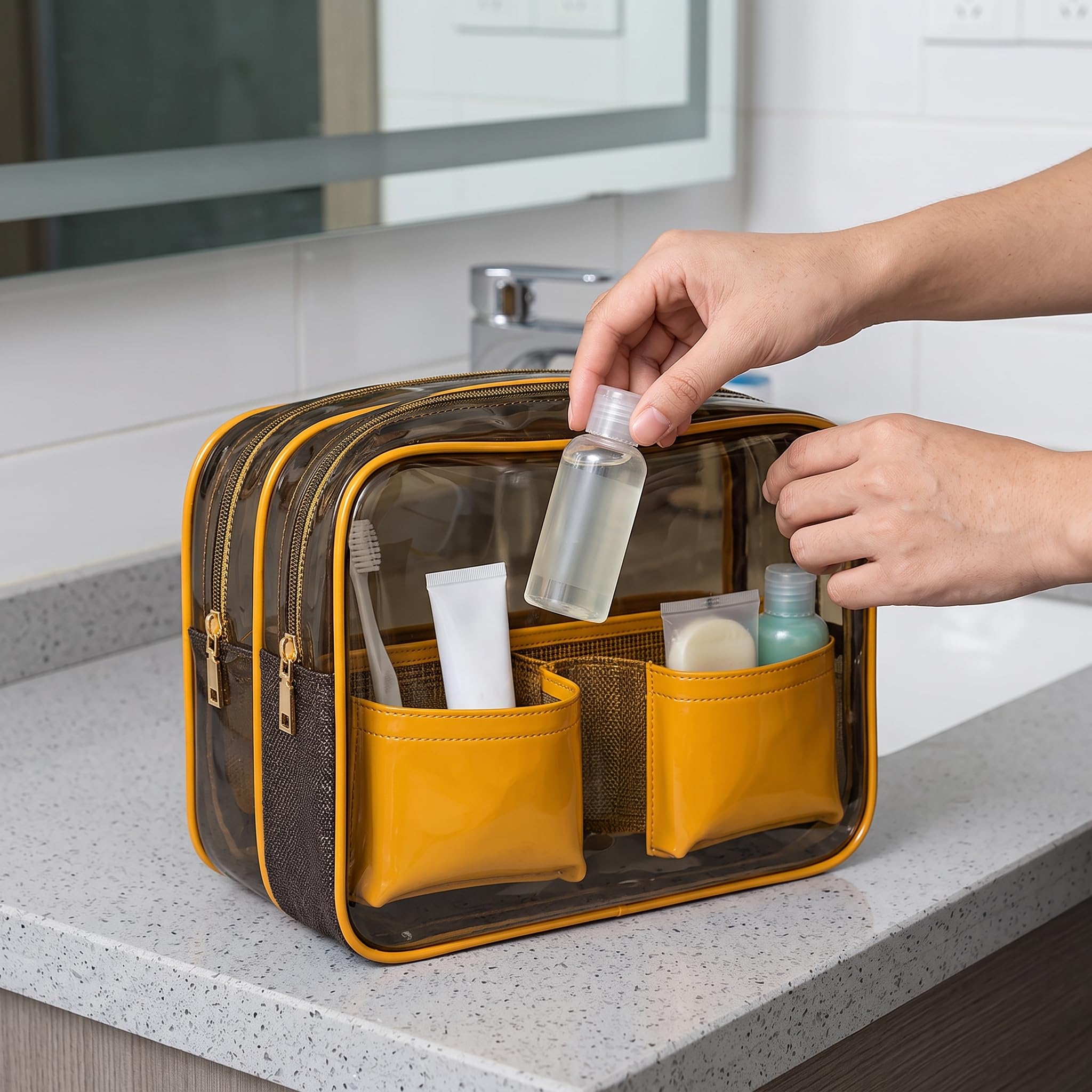 Transparente Toilettentasche mit Nassfach – wasserdichte Waschtasche für und Kosmetik, Bernsteinorange, Orange