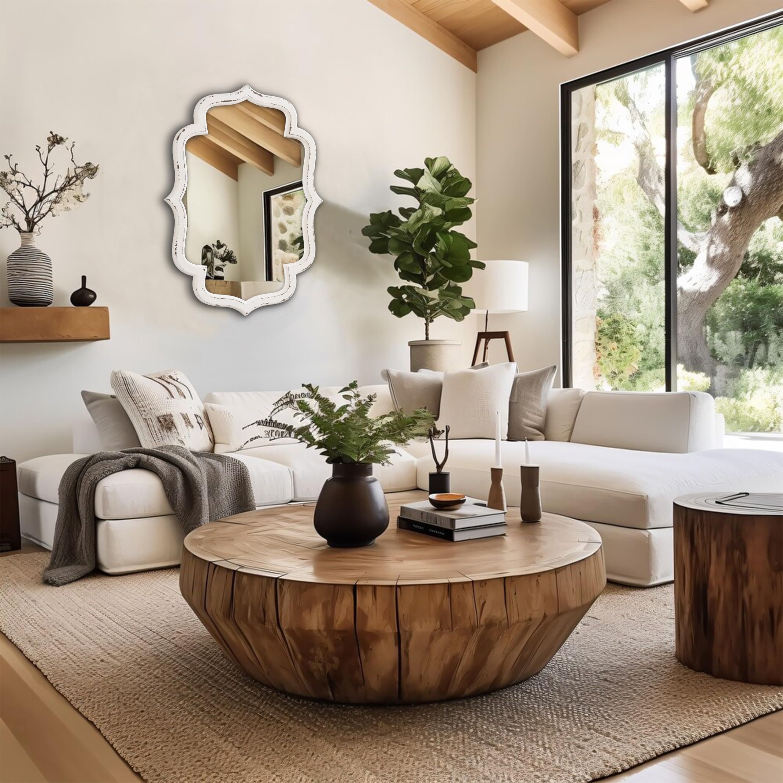 Rustikaler Dekorative Wandspiegel Weiß 45 x 60 cm, Vintage Spiegel Oval mit Holzrahmen, Bauernhaus Spiegel Flur, Spiegel Wand für Wohnzimmer, Schlafzimmer, Badezimmer