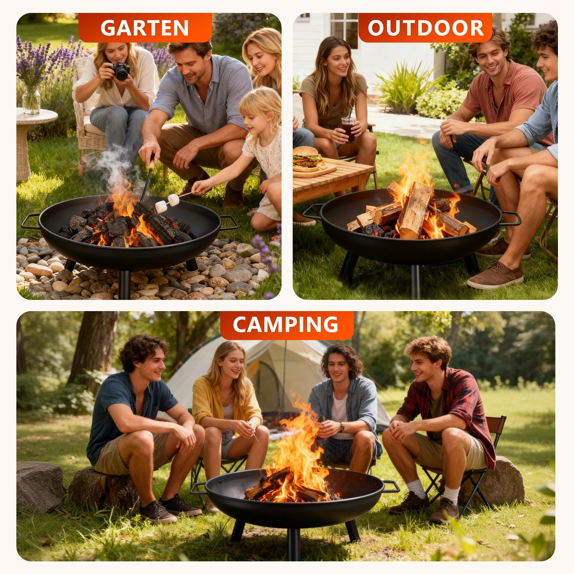 Feuerschale Feuerschalen für den Garten - Feuerstelle Ø 58 cm mit 43 cm Schürhaken - Feuerkorb mit 2 Tragegriffen für Lagerfeuer Garten & Terrasse - 2 Jahre Garantie (Ø 58 cm)