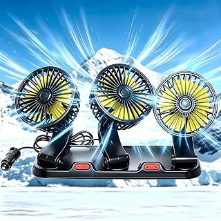 Portable 3-Head Car Cooling Fan, 12V Cigarette Lighter Plug Dashboard Fan for Vehicles Cars Trucks SUV, 360° Adjustable Heads Strong Airflow (No Battery)