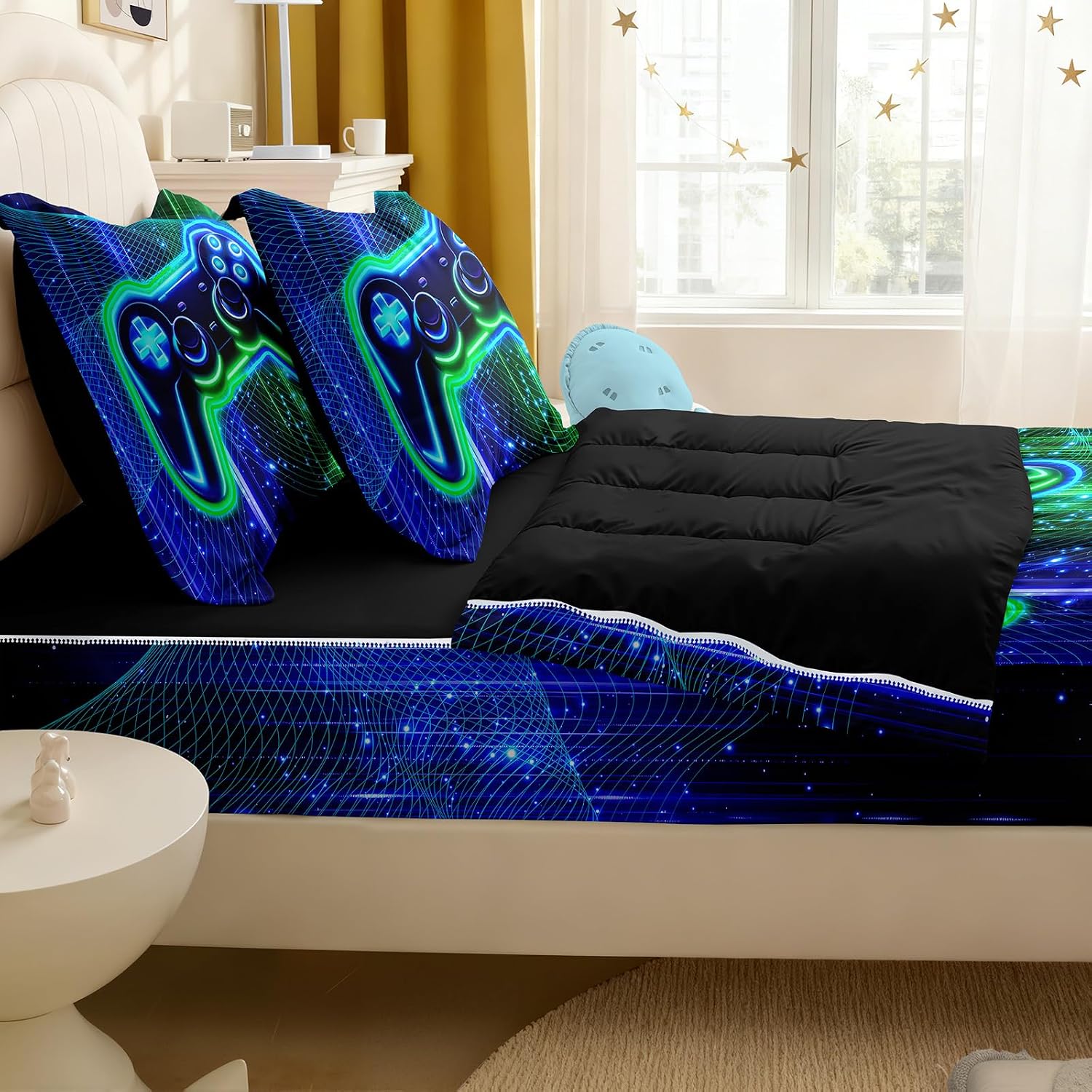 Kids Comforter Set,Zipper Bedding Twin for Teen,Gaming Printed Comforter Set with Fitted Sheets and Pillowcases for All Season(Gamepad Twin)
