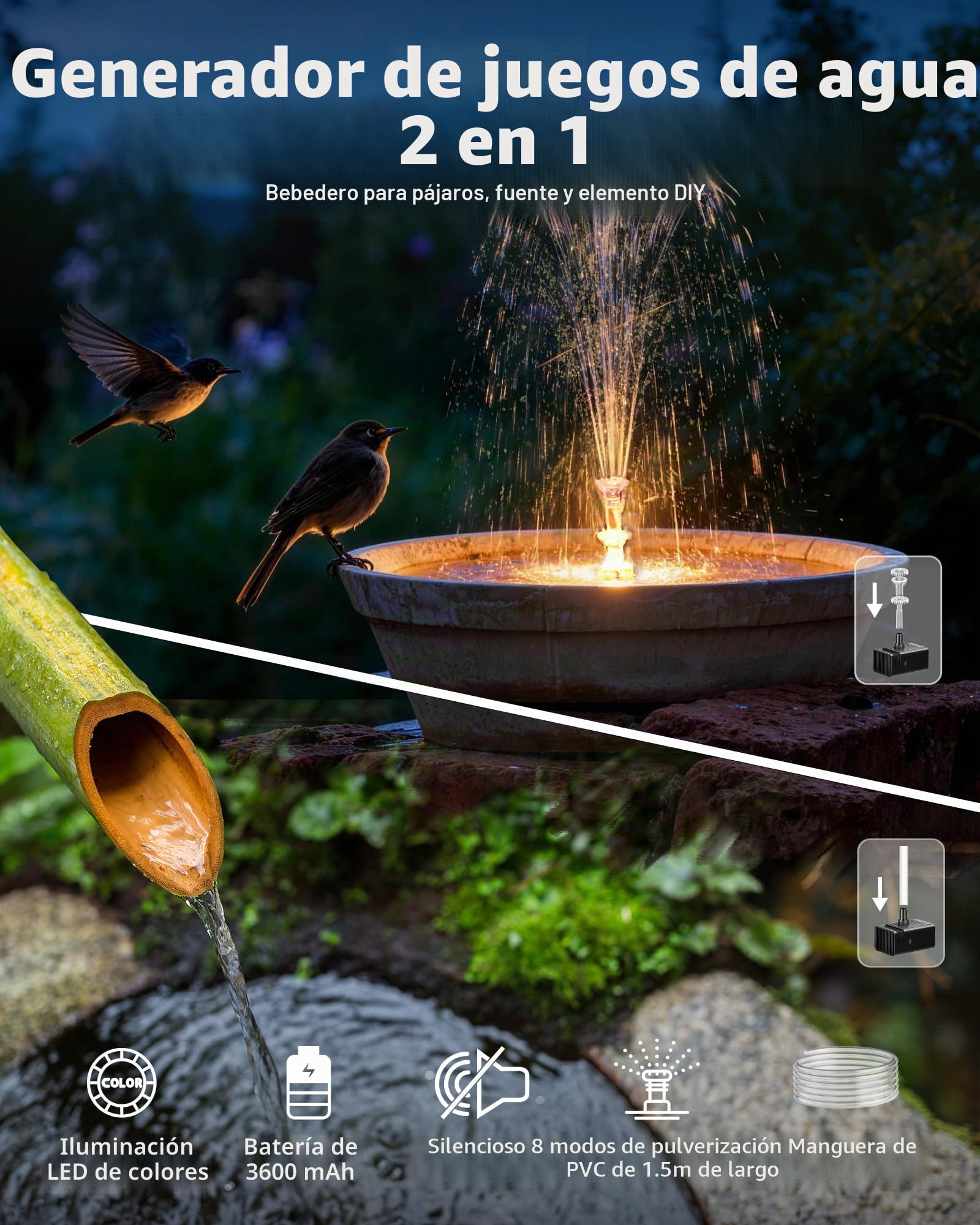 POPOSOAP Fuente solar de 8 W para exteriores con batería de respaldo, iluminación LED, 8 boquillas y manguera de PVC de 1,2 m para bebedero de pájaros, estanque de jardín y función de agua de jardín