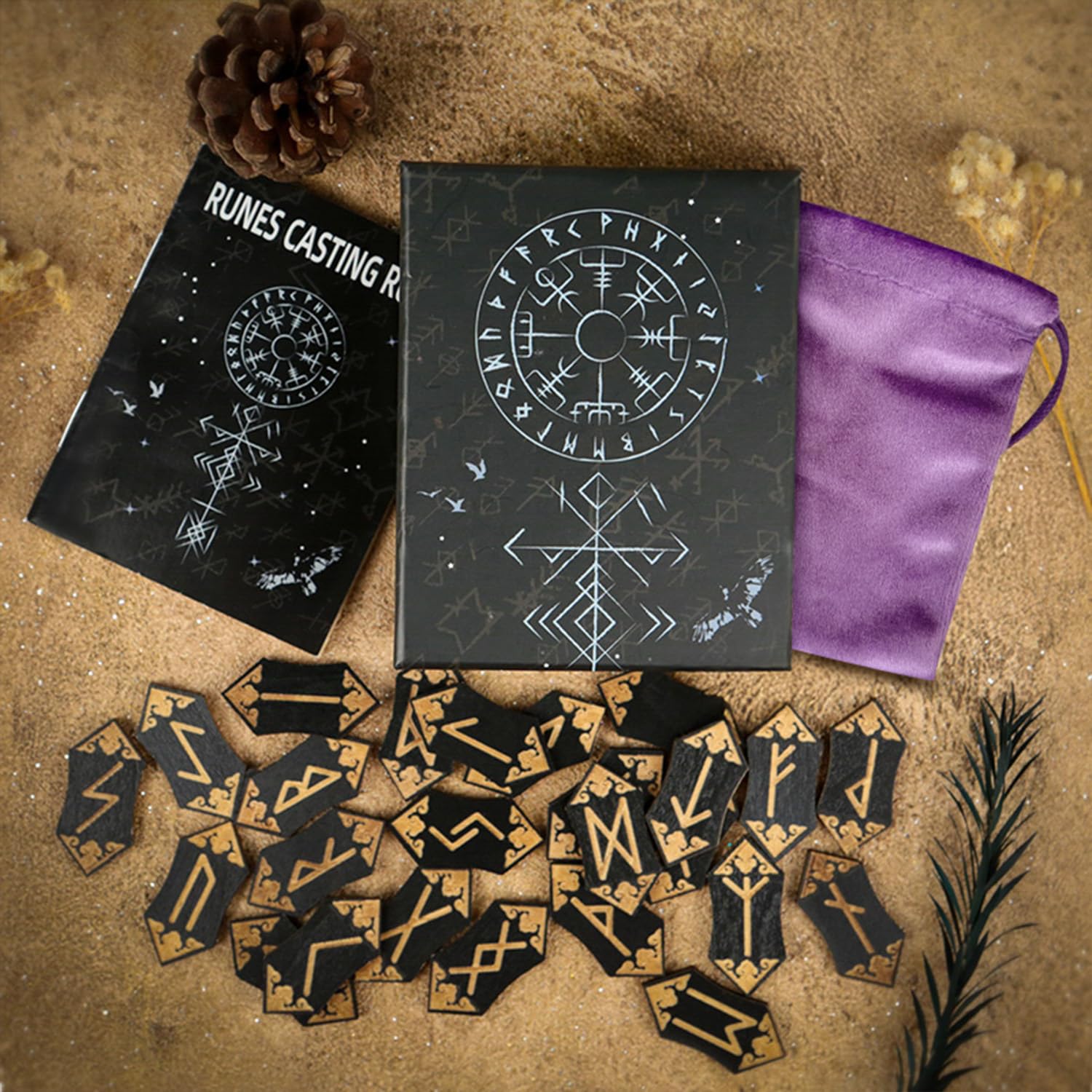 Runenset, 25 Stück hölzerne Wikinger-Runen, Runenstein-Set mit Begleitbuch, Samtbeutel, nordische Runen für Anfänger, Hexerei/Wahrsagerei/Meditation/Spiritualität