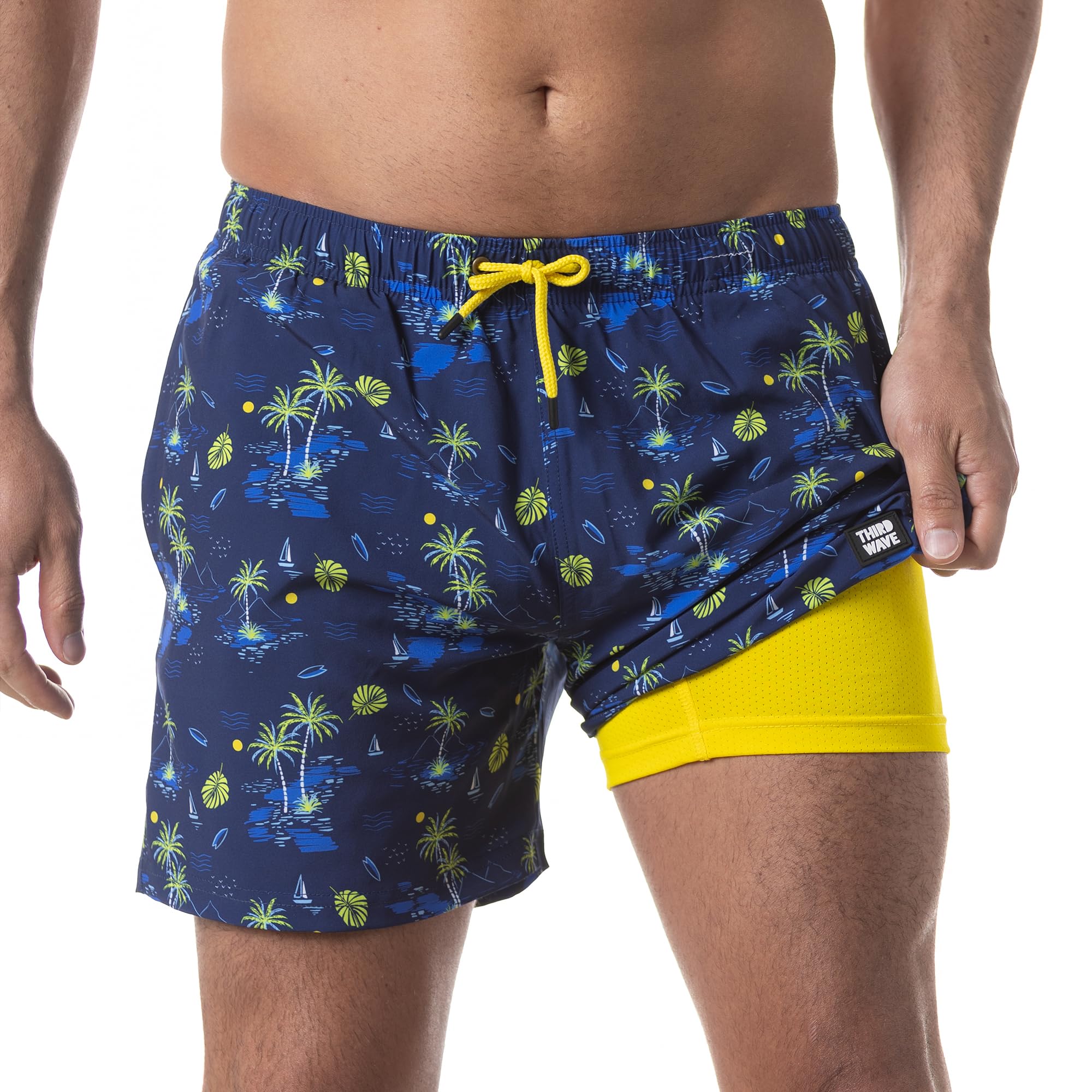 Third Wave Swim Trunks with Compression Liner - Men's Premium 5 Inch Inseam Quick Dry Swim Shorts for Beach and Swimming