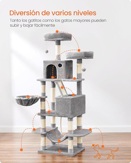 Foto 3 de 8 de Feandrea Árbol para Gatos Grandes, 2 Plataformas, 2 Cuevas, Cesta