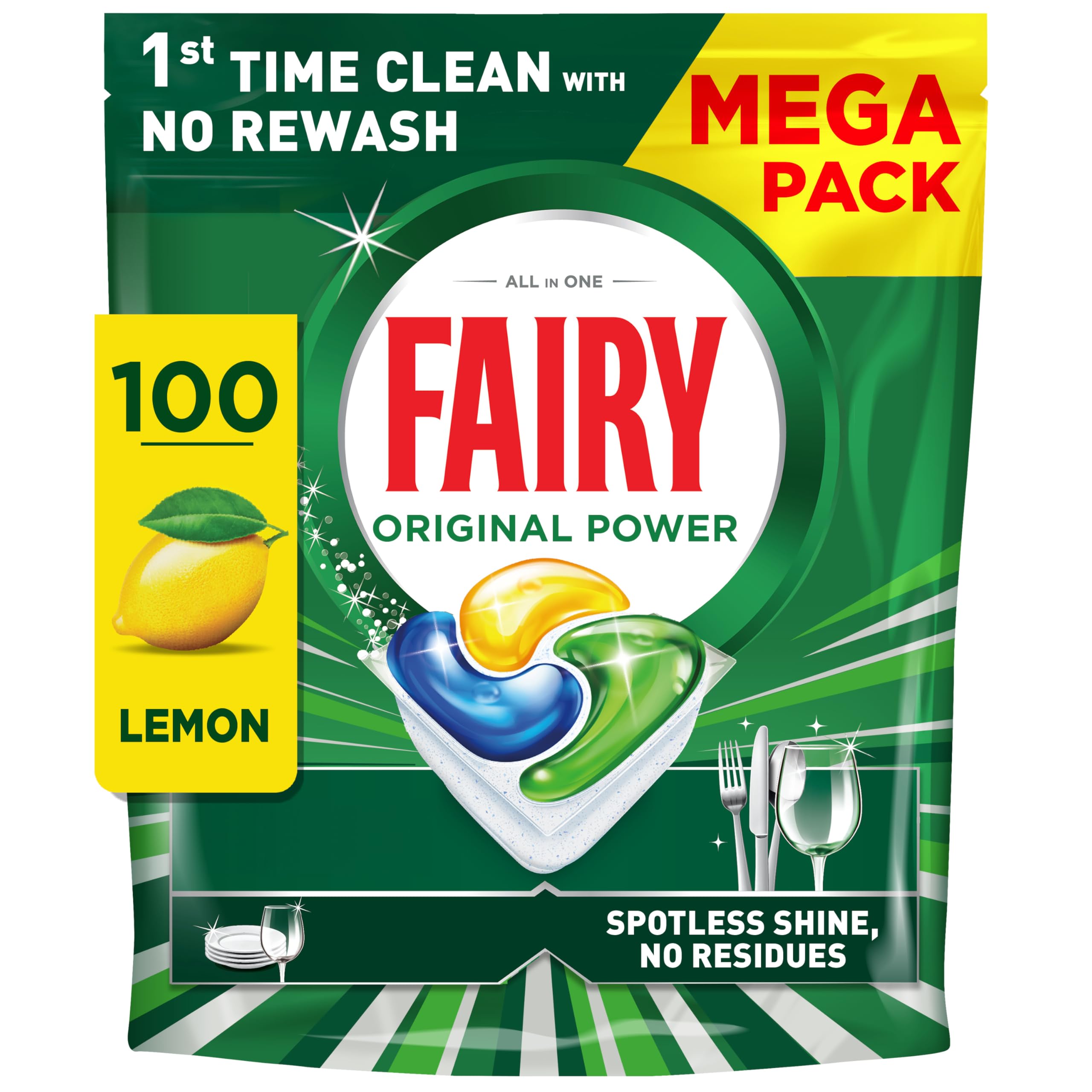 Fairy Original Power Dishwasher Tablets Lemon, 100 Capsules, 1st Time Cleaning Action with No Rewash, Effective on 100% Grease, Spotless Shine Without Residues
