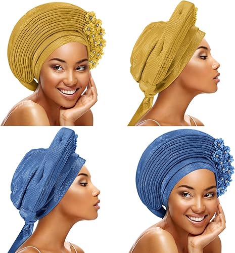 Cuffbow 2 unidades de diademas africanas de Gele con piedras, turbantes africanos para mujeres negras, tocados africanos con cuentas de encaje