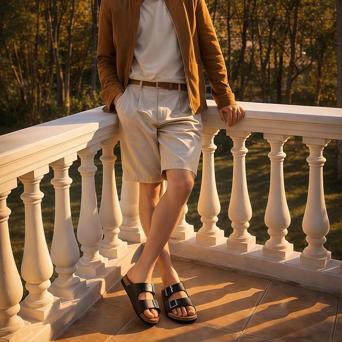 FITORY Mens Leather Sandals, Cork Footbed Slides for Summer