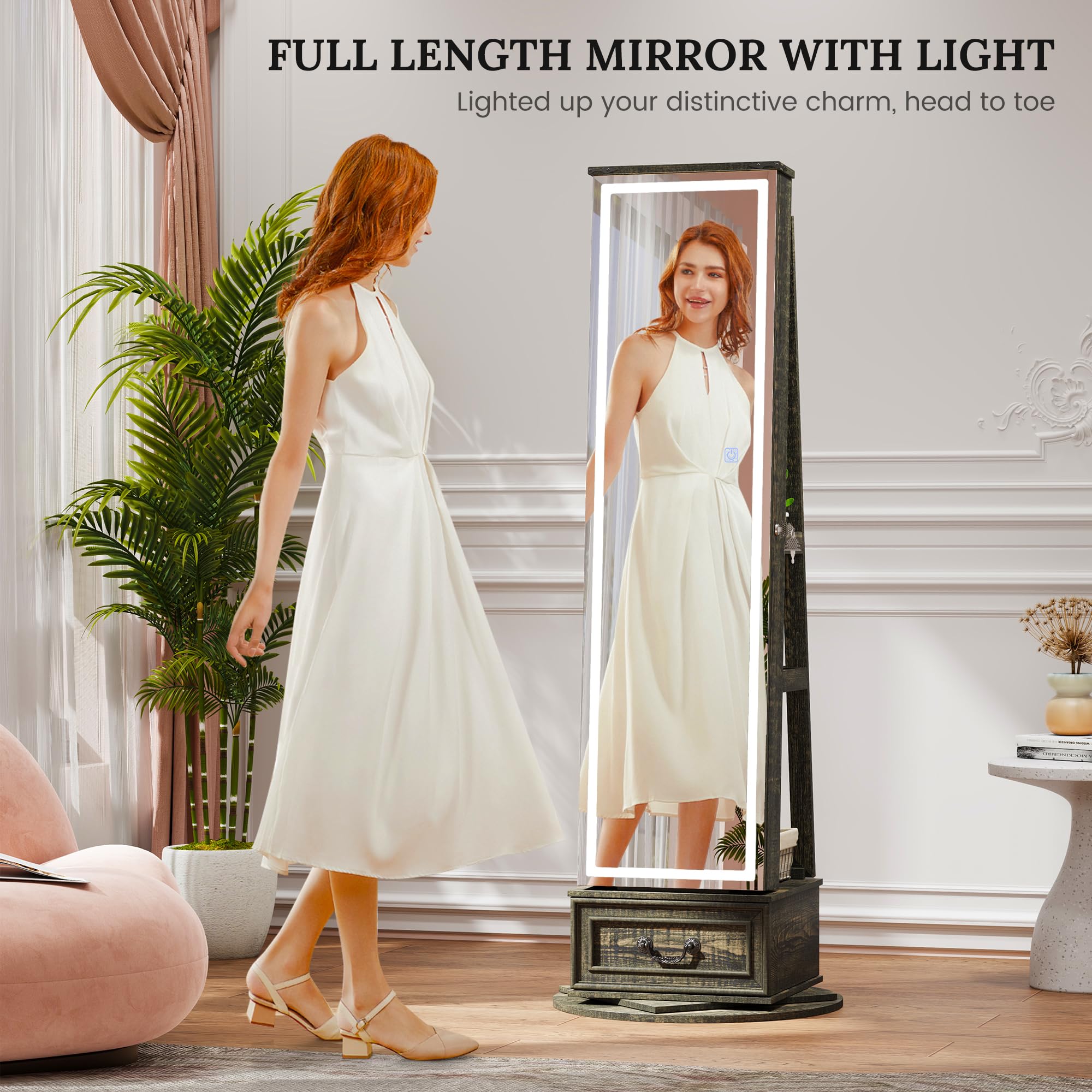 LVSOMT LED Mirror Jewelry Cabinet Standing, 360ยฐSwivel Jewelry Armoire with Full Length Mirror, Mirror with Jewelry Storage and Large Wooden Drawer for Christmas Gifts (): Rustic Grey
