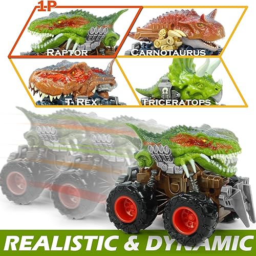 Miniatura 4 de Oriate Dinosaurio Monster Truck 4-7 Push and Go Toys 3-5, ATV Velociraptor con tracción ATV Velociraptor Dino Stunt Play Trucks para niños y niñas