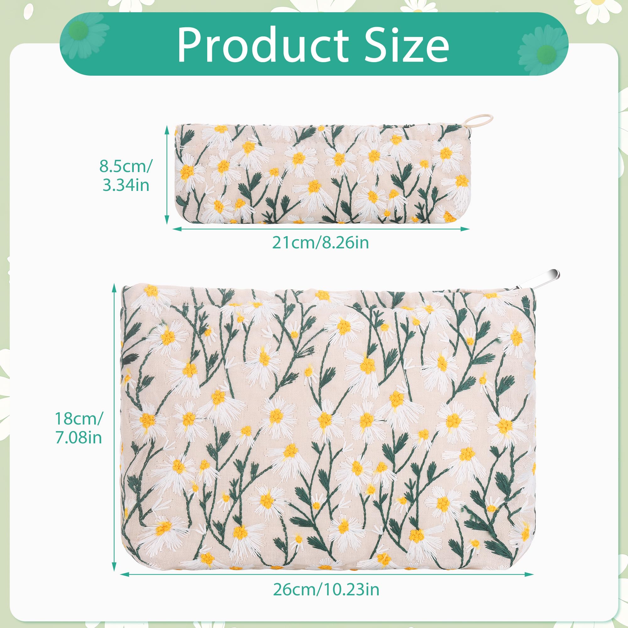 Zocipro 2Pcs Cosmetic Bag Set, Daisy Patterns Floral Makeup Bag with Zip - Image 2