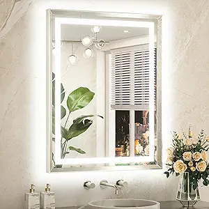 TETOTE 28 x 36 Bathroom LED Mirror Brushed Bright Nickel Metal Frame Frontlit & Backlit Vanity Mirror Anti-Fog Stepless Dimmable 3 Colors White/Warm/Natural Mirror with Lights Wall-Mounted