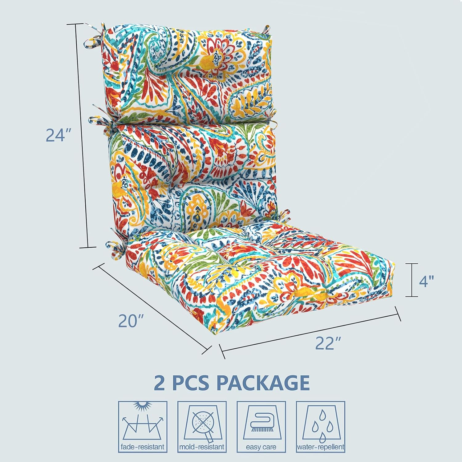 LVTXIII 2 Pack Outdoor High Back Cushions, 22" W x 20" D Tufted Seat and Back Chair Cushion with Ties, Fluffy Patio Replacement Rocking Chair Cushion for Outdoor Furniture Use, A Paisley Ummi Multi