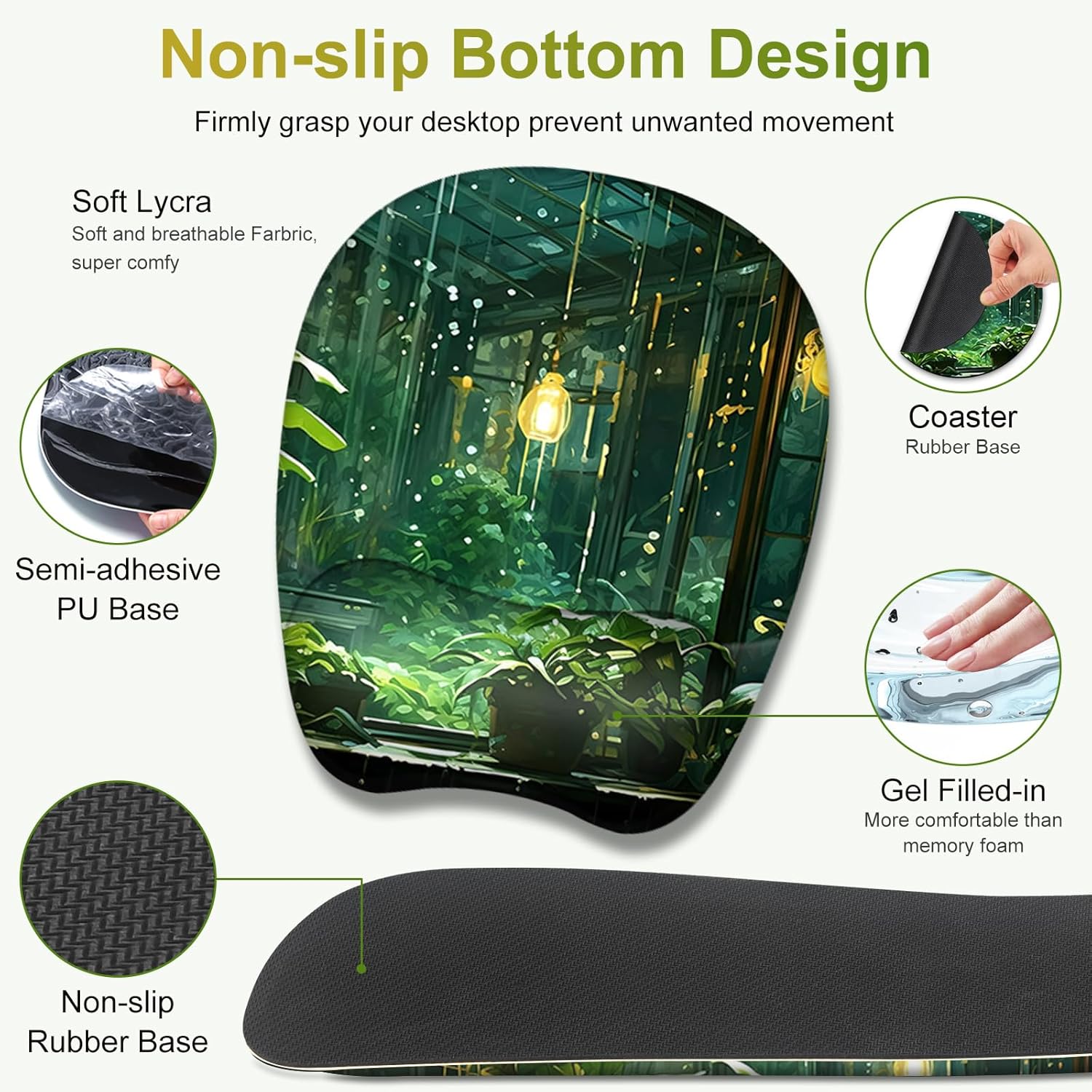 Large Mouse Pad with Wrist Support 4 in1 Set, XXL Big Game Mousepad + Keyboard Wrist Rest+Mouse Wrist Rest Pad +Coaster Gaming Mat for Women Men Home Office Computer I Green Plants Romantic Rain