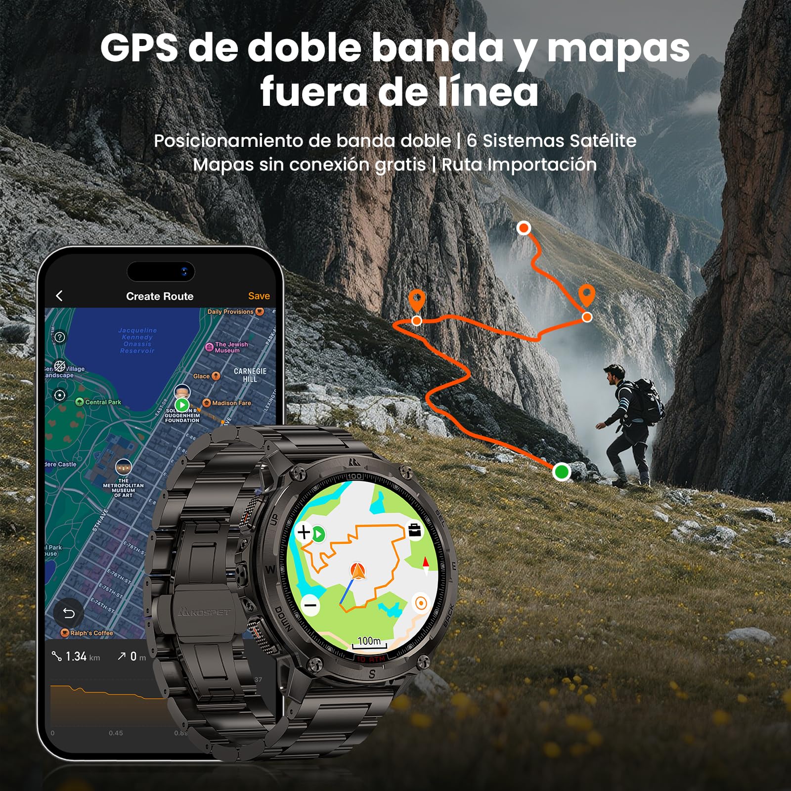 KOSPET Tank T4 Special Edition Smartwatch, Reloj Robusto AMOLED 1,43” con GPS y mapas Offline, 10ATM para Buceo Libre, batería 50 días, Llamadas Bluetooth (2 Correas)-Negro