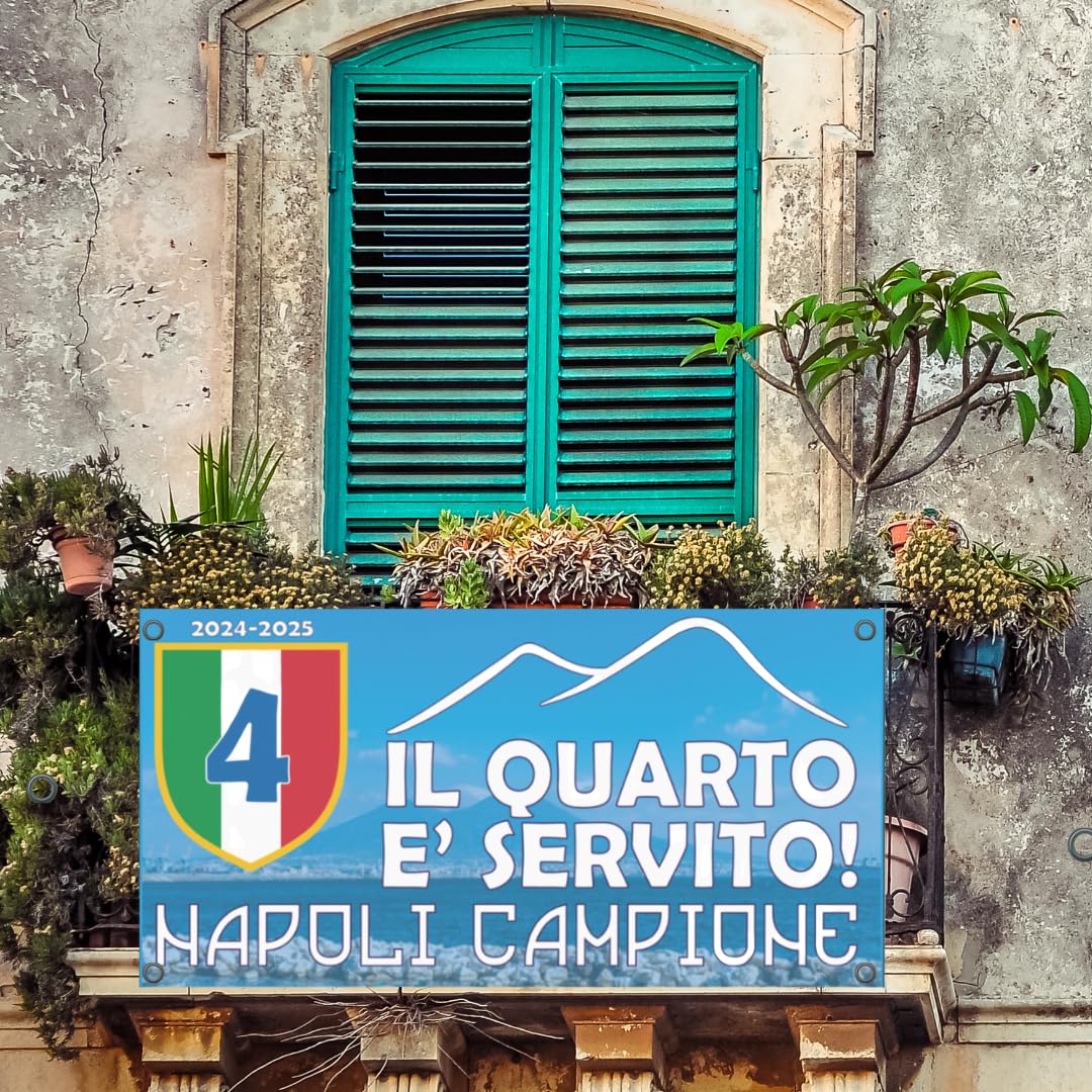 D&Vlab Banner Striscione con Occhielli In PVC per esterno Celebrativo Napoli 4° Scudetto 2025 Campione D'Italia, STAMPA PROFESSIONALE Tifosi Partenopei Ultras Calcio Napoletani Calcio (100x150 cm)