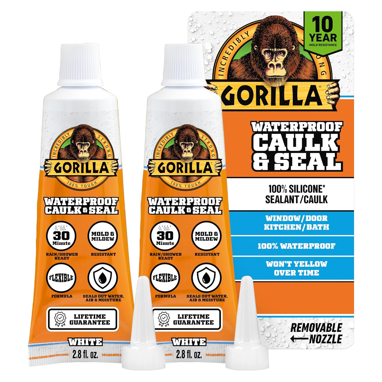 Gorilla 100% Silicone Caulk, Waterproof Sealant, 2.8oz Squeeze Tube (Pack of 2) – White -10 Year Mold Resistant Kitchen, Window, Bath, Marine, Door and More