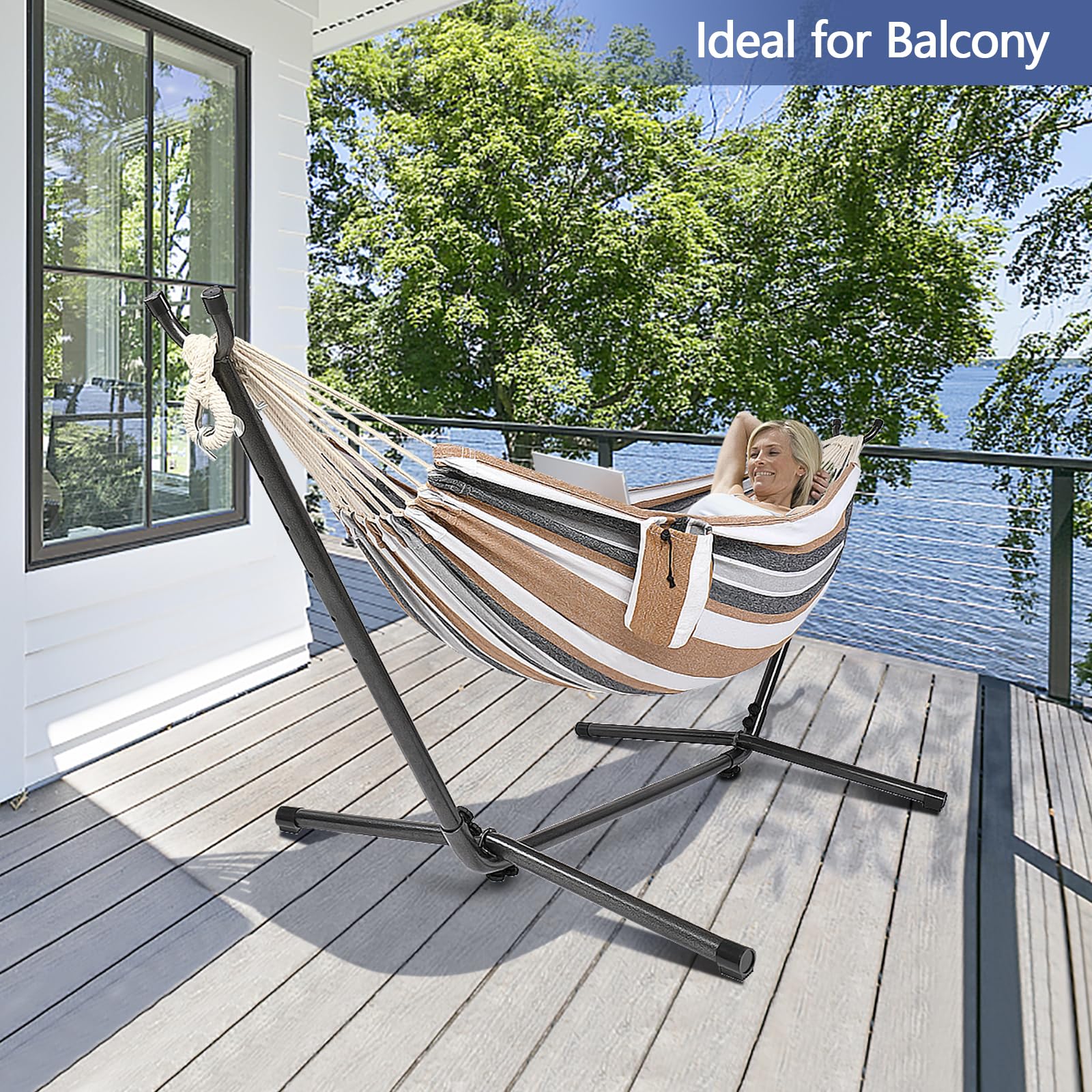 Bonnlo Hamaca con Soporte para Exterior,Hamacas Colgantes, Capacidad de Carga hasta 204 kg, Incluye Bolsa de Transporte, Hamaca Jardin, Hamacas Colgantes,Altura Ajustable (Café)