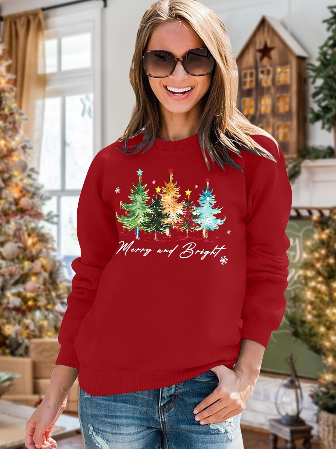 Christmas Sweatshirts Women: Merry and Bright Shirts Christmas Tree Graphic Long Sleeve Shirt Xmas Holiday Pullover Tops - Image 3