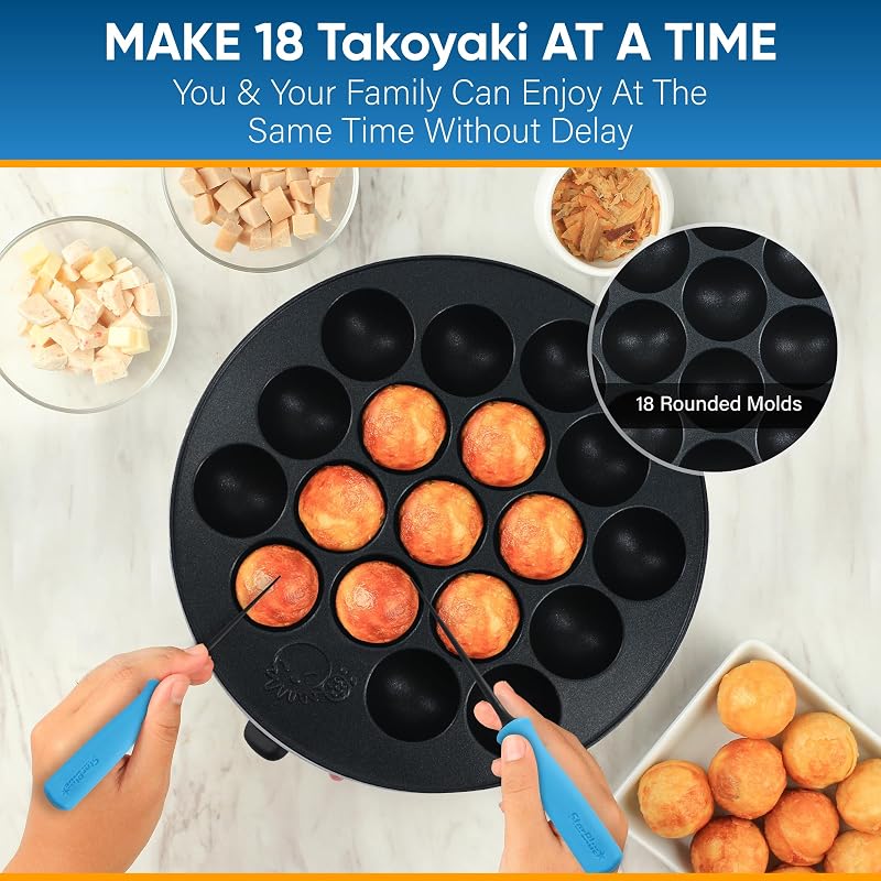 StarBlue Takoyaki Készülék 18 Lyukas Elektromos Serpenyő Hőmérséklet Szabályozással 700W