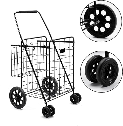 MaxWorks 50546 - Carrito de compras plegable de capacidad de 100 libras con cestas dobles y ruedas giratorias, color negro