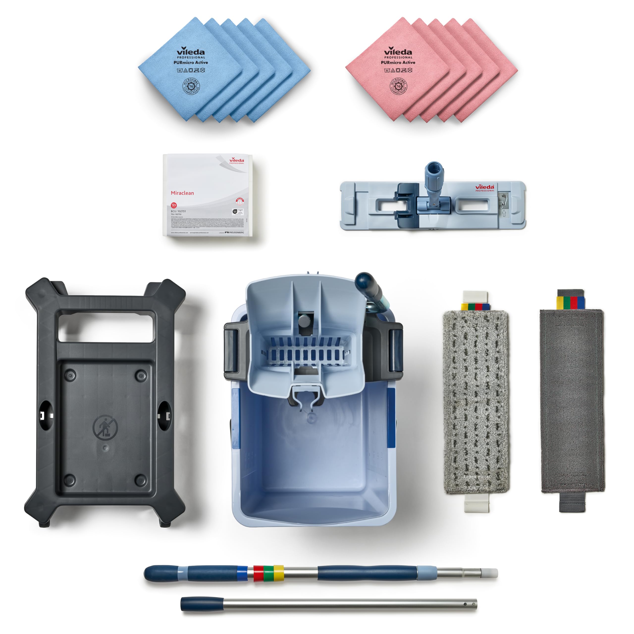 Vileda Professional, UltraSpeed Pro Fahreimer Ready‑to‑Go Set 25 L mit Presse, r‑MicroSpeed Max 4D Mop, 40‑cm Halter & Teleskopstiel – Recycling‑Microfaser, entfernt 99,9 % Viren