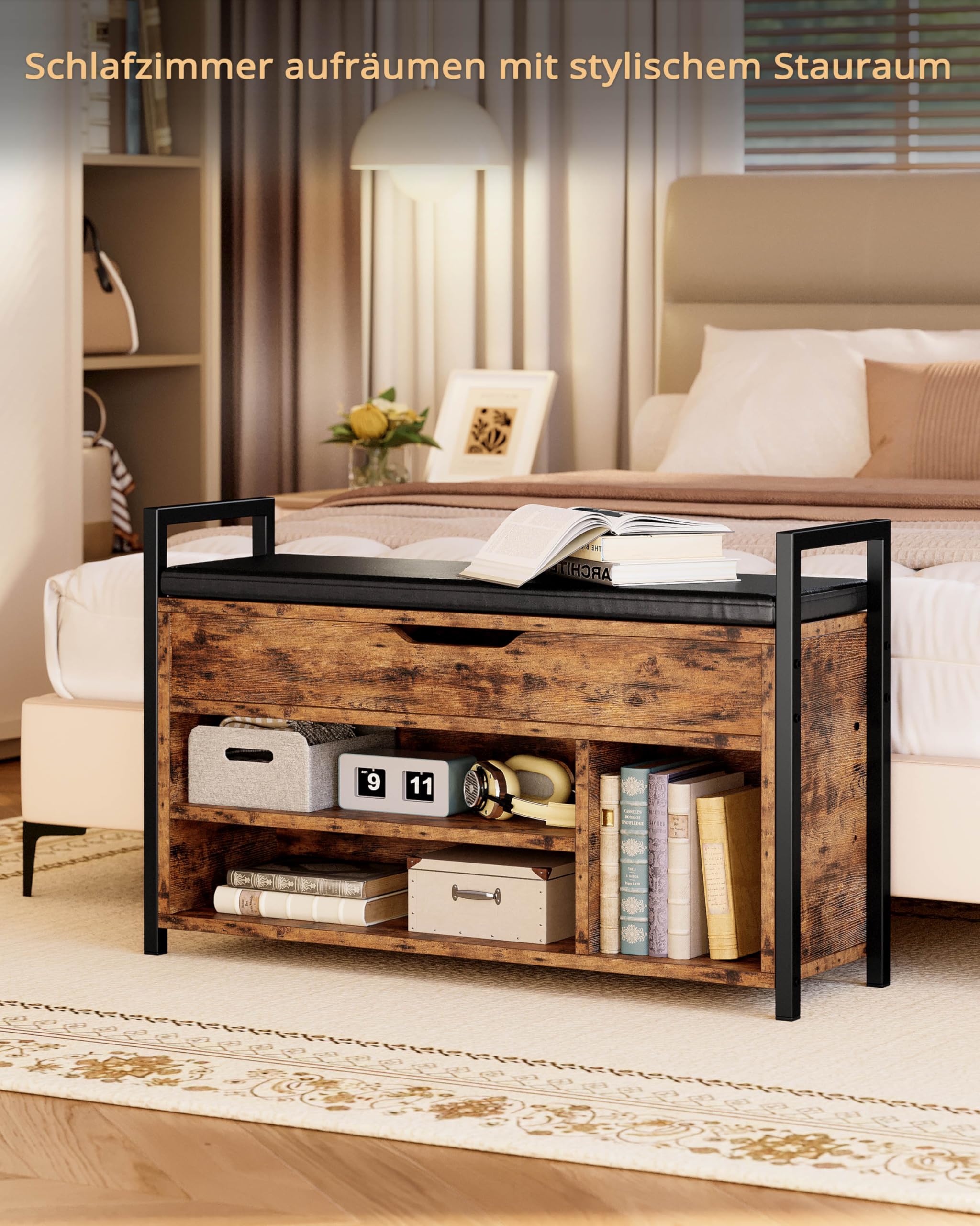 IRONCK Schuhbank mit Sitzfläche, Sitzbank mit Stauraum, Schuhschrank,100x30x62cm, 3 offene Fächer, Kunstleder, 130kg belastbar, Schuhregal für Eingang,Flur,Wohnzimmer,Schlafzimmer (Vintagebraun)