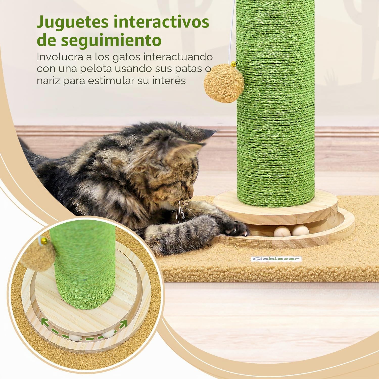 Globlazer Postes Rascadores Cactus Verde XXL Alto 94 cm con Trackball Madera Felpa Gato Juguete Grande Base Poste Sisal, Rascador para Gatos Grandes Jugar Rascarse Interior (SC37, Verde)
