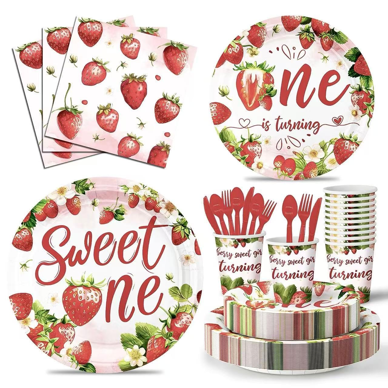 350 Pcs First Birthday Decorations for Girl, Sweet One Party Decorations, Berry 1st Birthday Decor for Baby Girls, Party Plates and Napkins Set Disposable Party Supplies Serve 50