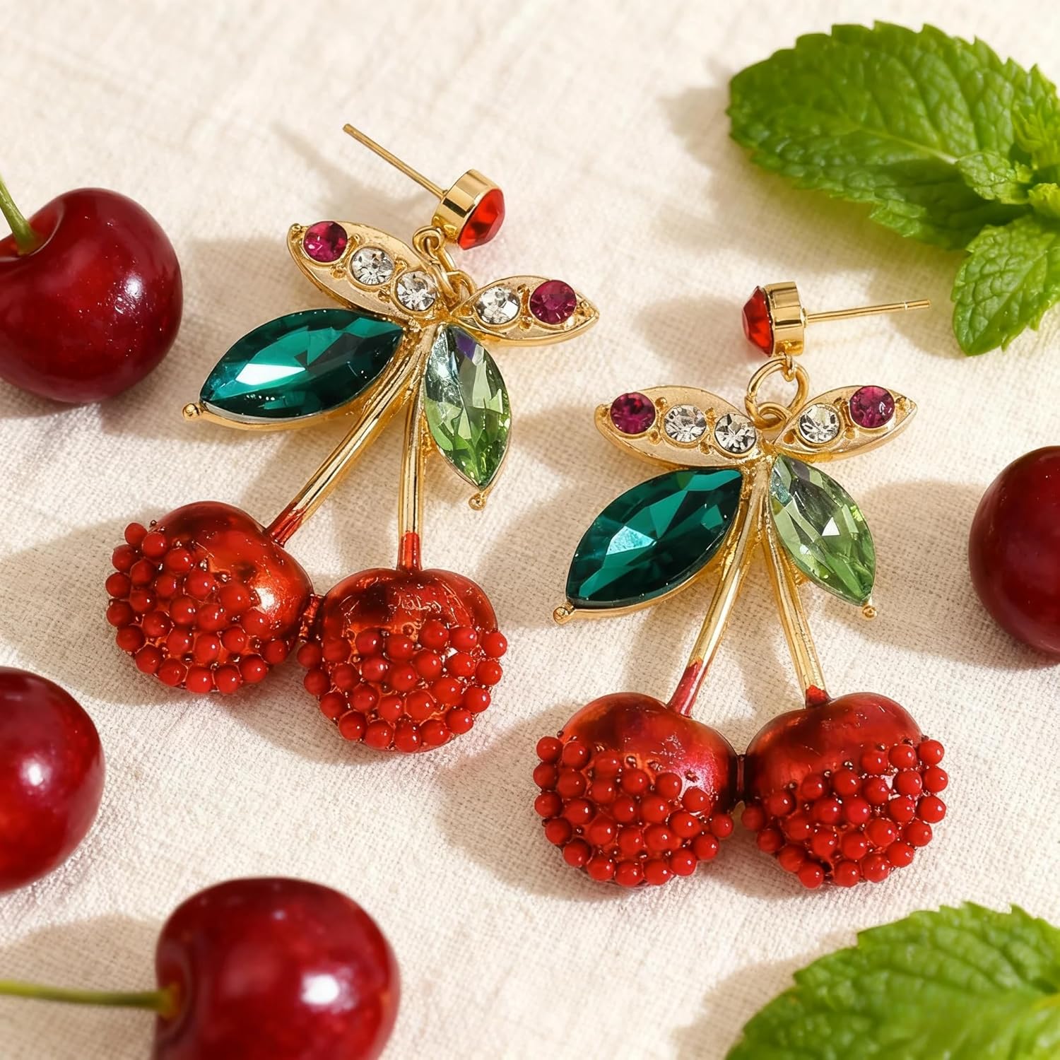 Sparkling Cherry Earrings for Women, Statement Rhinestone Fruits Cherry Dangle Earring for Summer Vacation Jewelry Gifts - Image 2