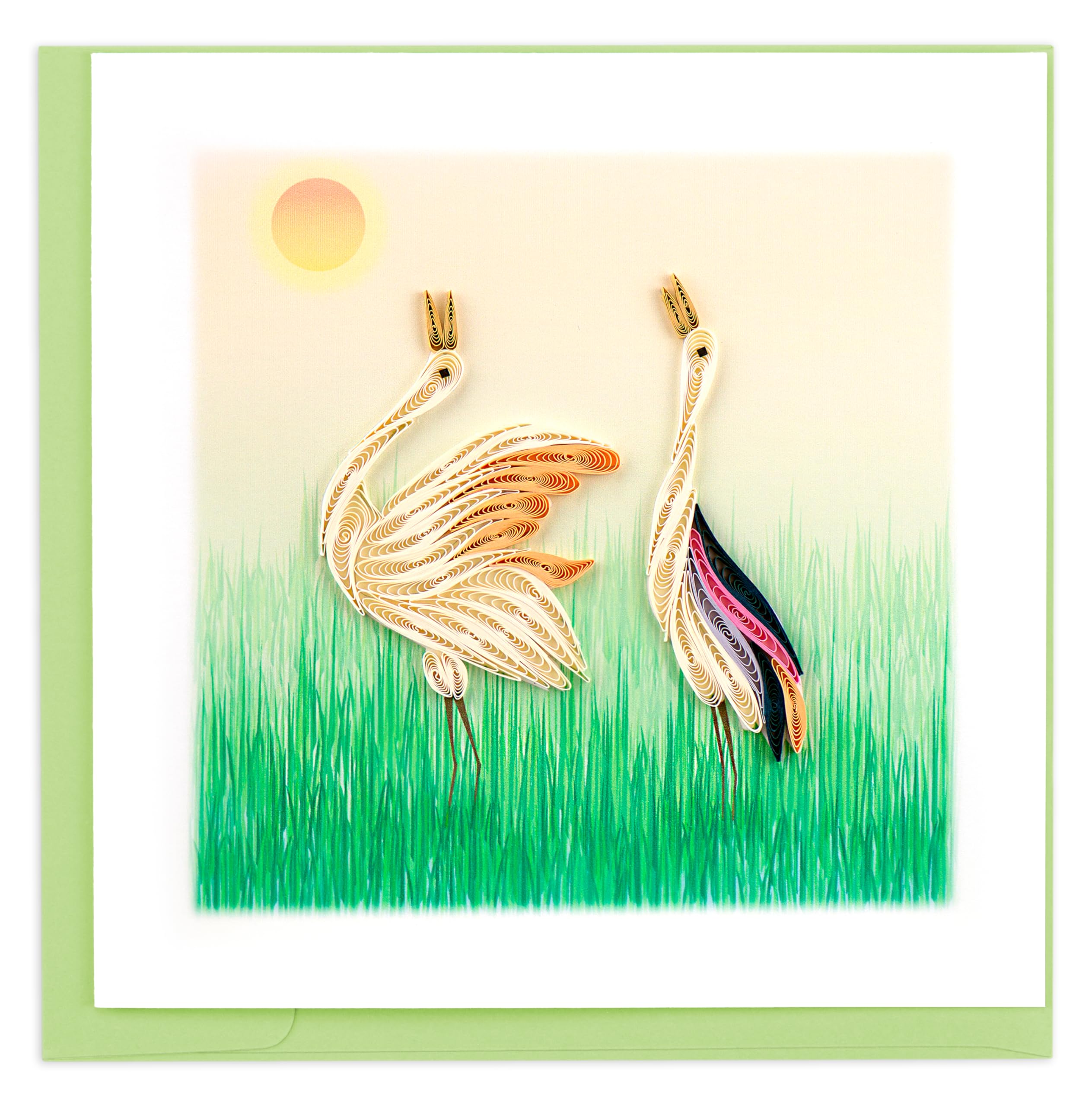 Quilling Two Cranes Sunset Landscape Hand-Finished Art Greeting Card Frameable Art, Suitable for Framing in a Card Frame