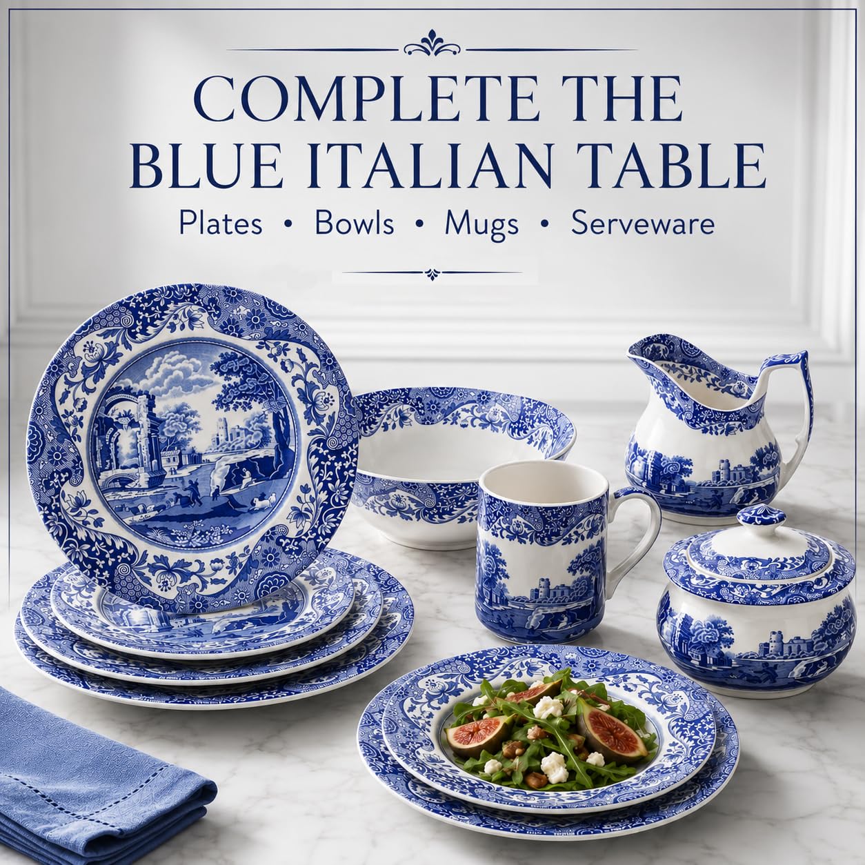 Spode Lot de 4 assiettes à salade italiennes bleues, 19 cm, faïence fine, fabriquées en Angleterre, passent au lave-vaisselle (bleu/blanc, 20,3 cm)