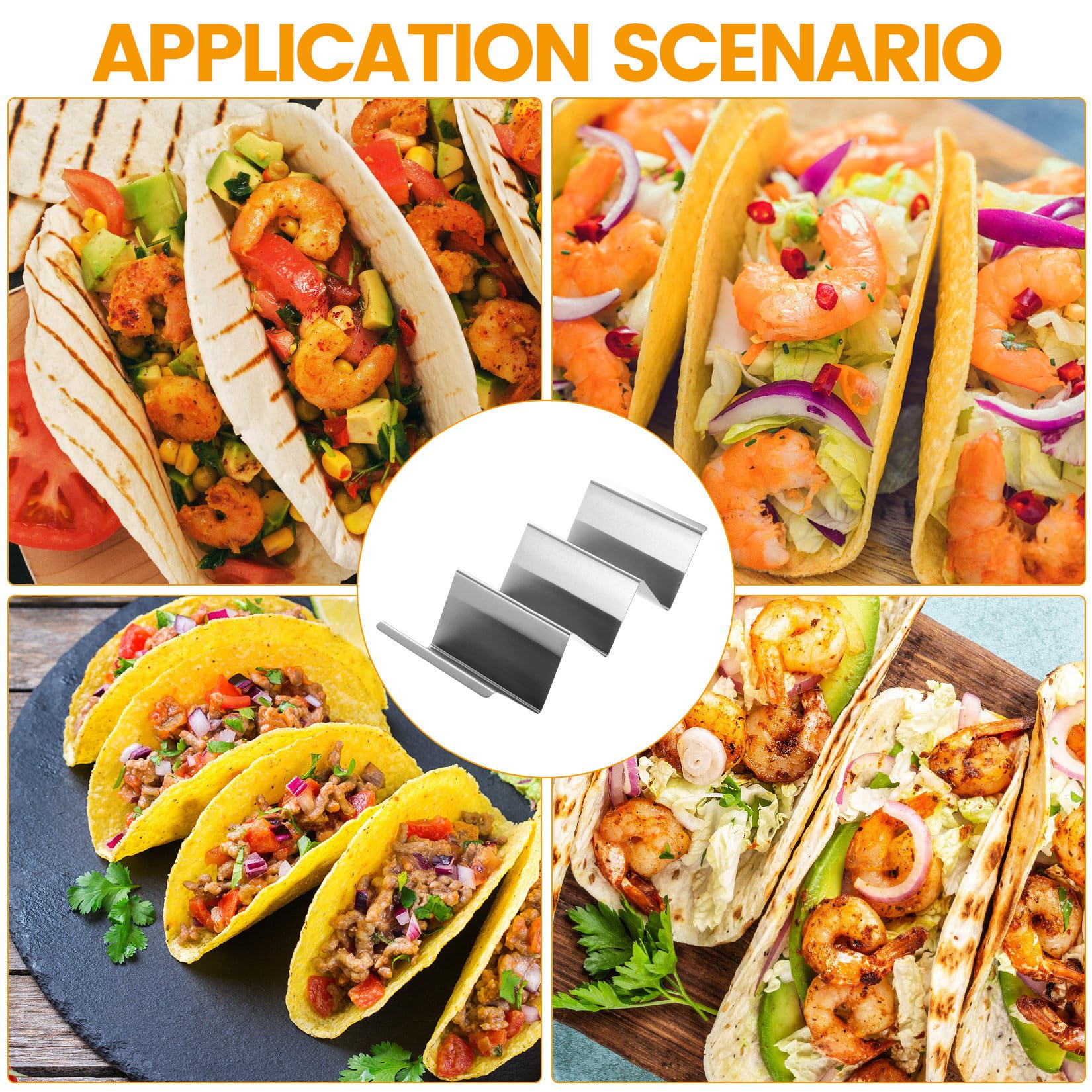 HAOCHEN 6 Pcs Soporte para Tacos, Soporte de Taco de Acero Inoxidable, Bandeja para Taco con Asas, para Hot Dogs, Tortillas, Sándwiches, Panqueques
