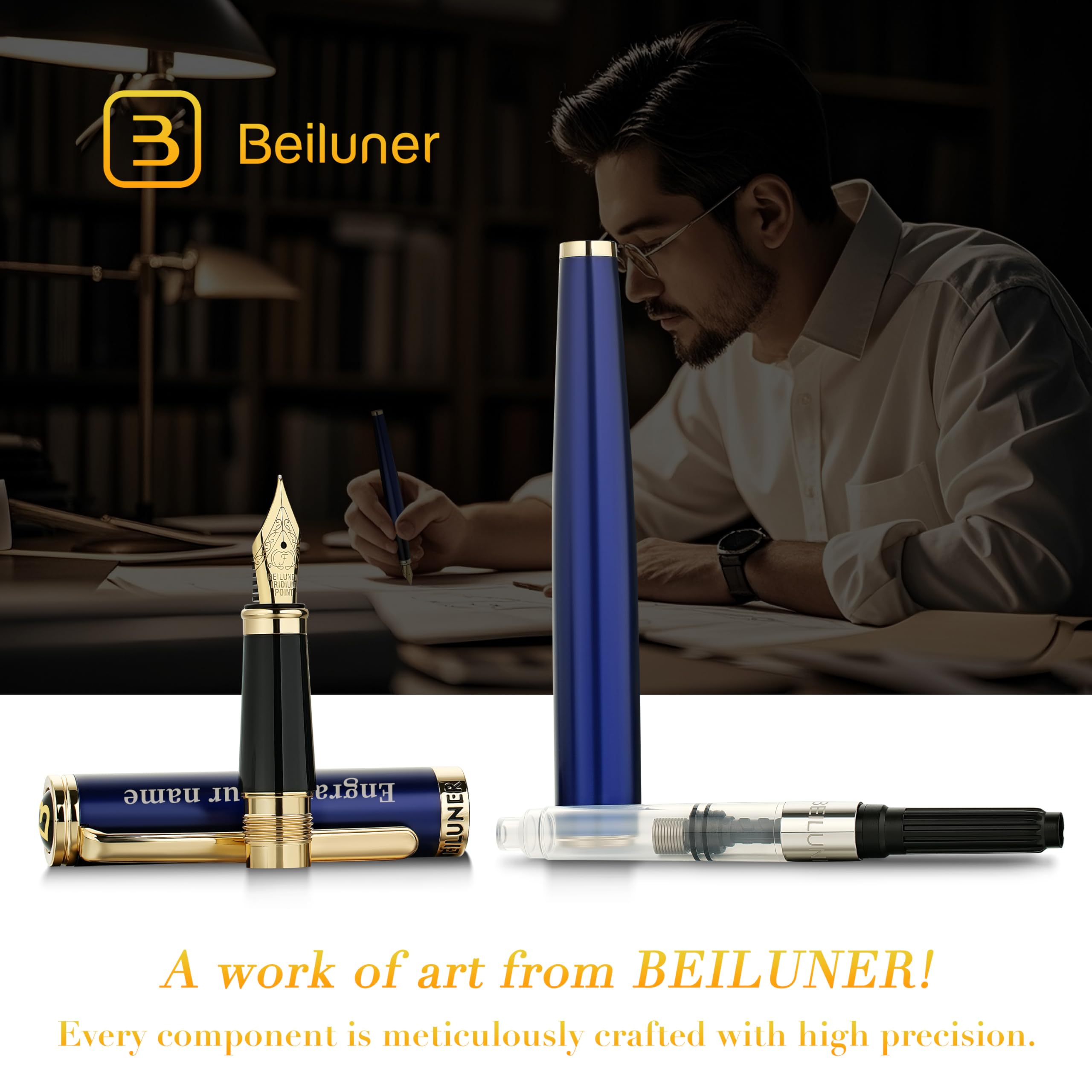 BEILUNER Blue Personalized Fountain Pen Stunning Luxury Lacquer 24K Gilded Nib Fine Gorgeous 24K Gold Finish Ink Converter — view 7