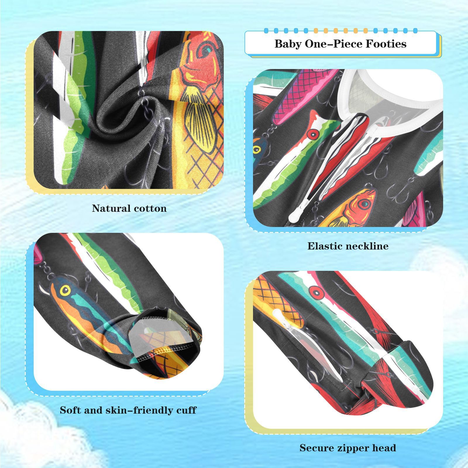 Dussdil Color Fishing Bait Fish Baby One-Piece Footies Newborn Rompers Pajamas Cotton Footed Pjs for Sleep Play Boys Girls 6M