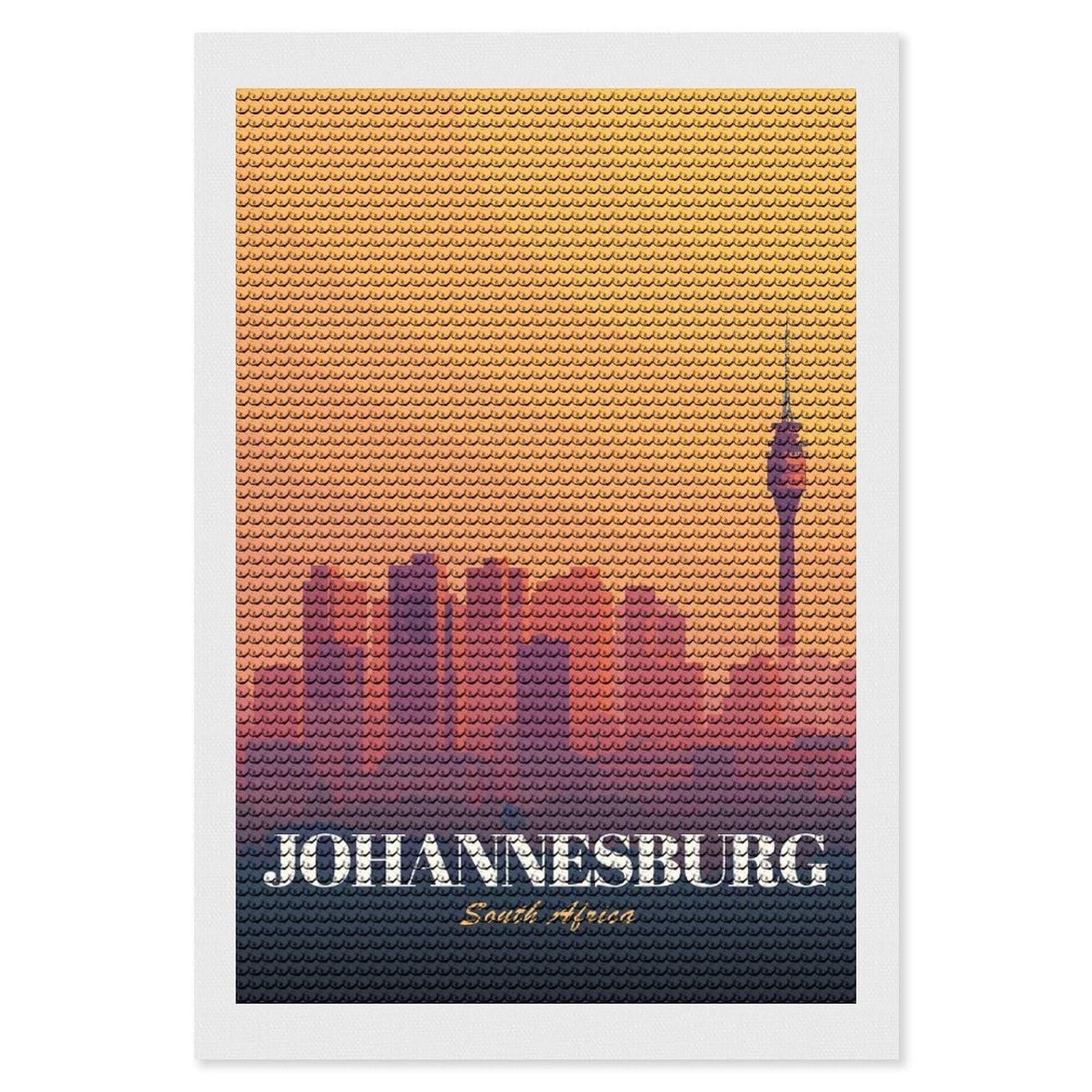 Junmoney Johannesburg South Africa Cityscape Illustration(2) Diamond Painting Set 8"x12", Sparkling Round Gems, Decorate Your Room, Fun Craft Experience, Modern Decor