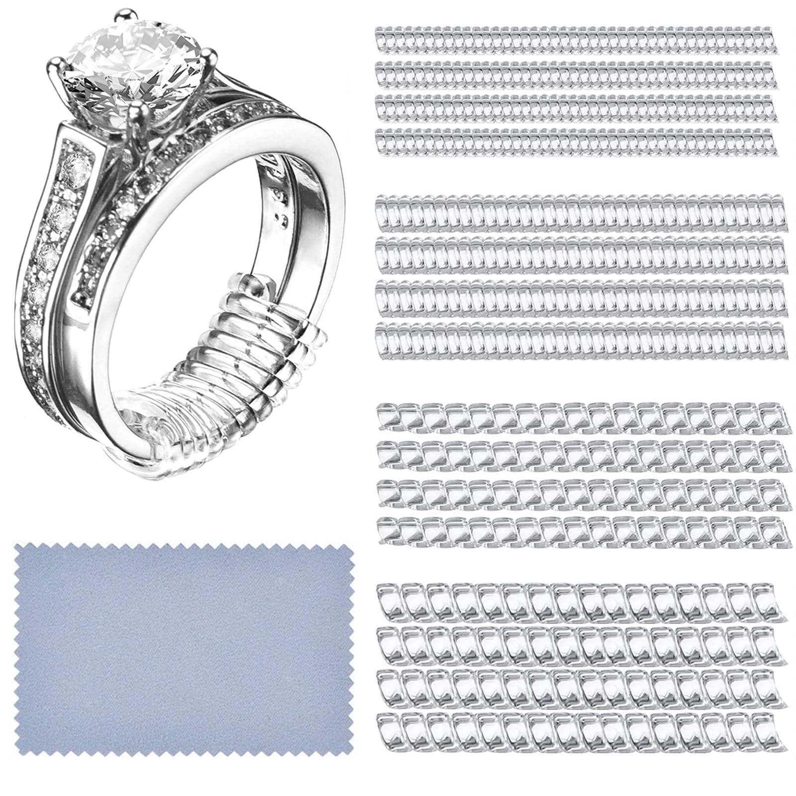 Frienda 16 Pack Ring Sizer Adjuster for Loose Rings, 4 Sizes Invisible Plastic Rings Connector with Polishing Cloth