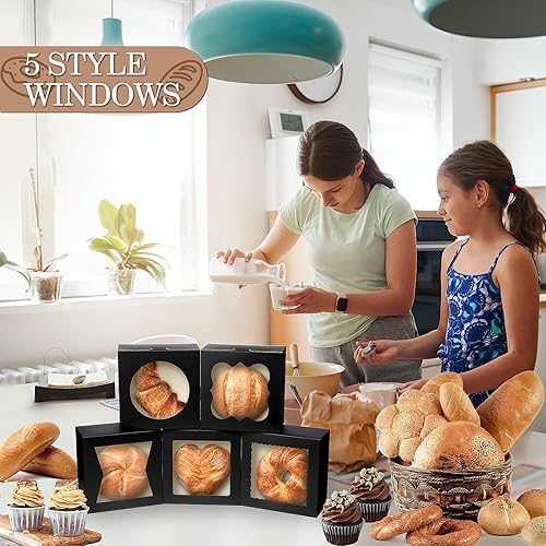 Miniatura 5 de KPOSIYA 35 cajas de panadería con ventana de 6 x 6 x 3 pulgadas, cajas de galletas de 5 estilos, cajas pequeñas de pastelería para dulces, postres,